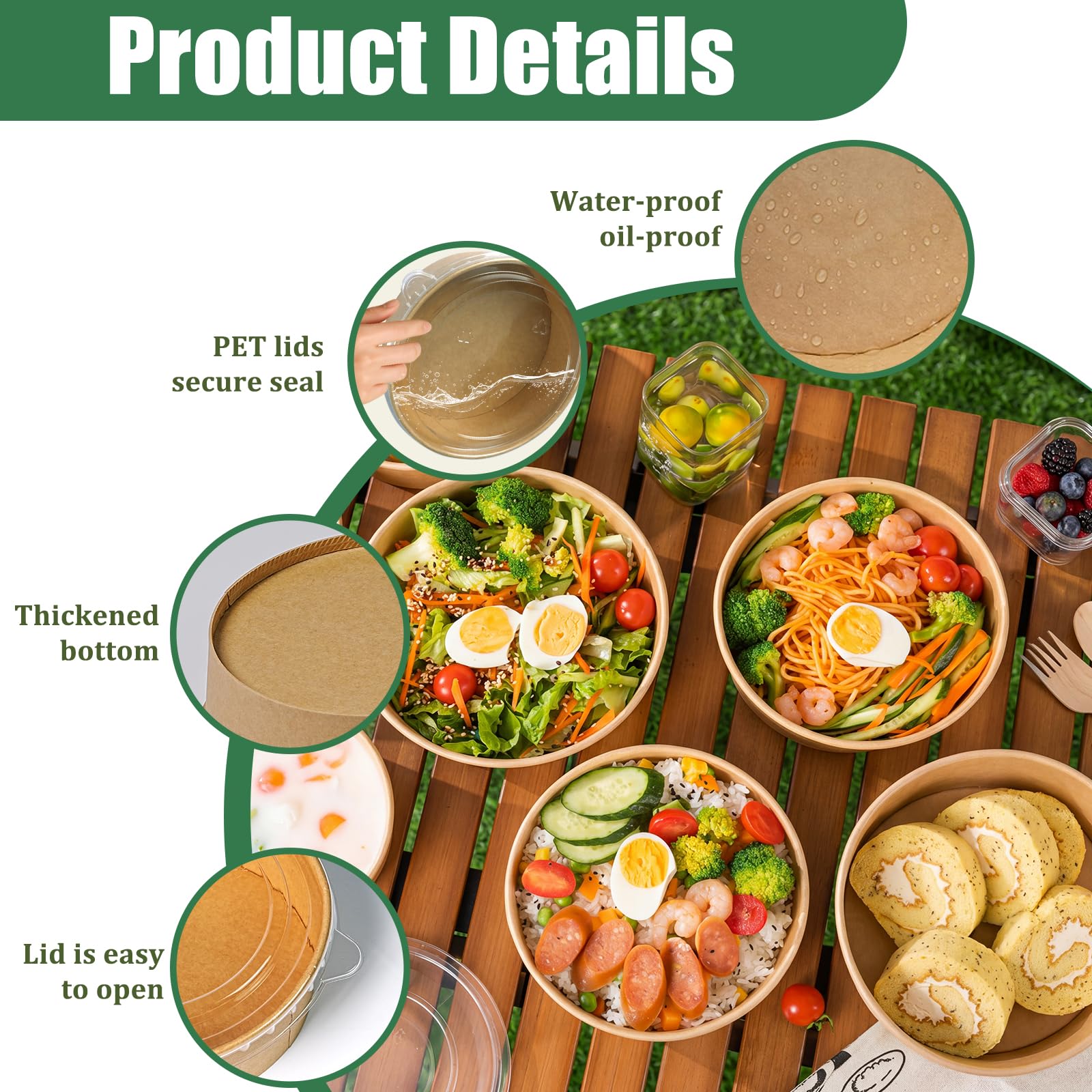 PakTalk 50pcs Contenitori per Alimenti Usa e Getta,500 ml ciotole usa e getta con coperchio in PET,perfetto per buffet picnic e festa