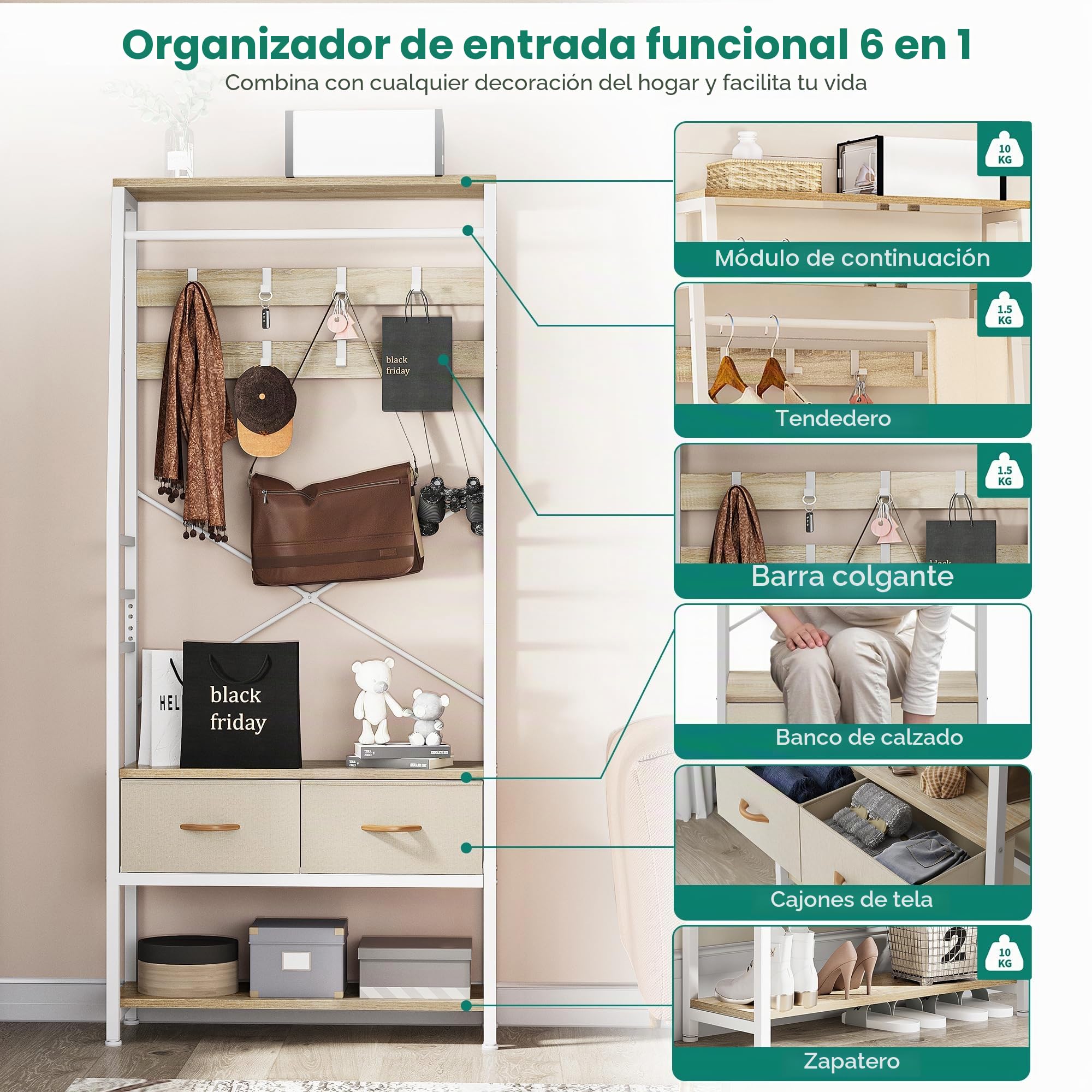 YITAHOME Perchero, Perchero 6 en 1 con 2 Cajones, Colgador Metálico con Zapatero, Barra Colgar Ropa de Madera y Metal con 8 Ganchos, para Recibidor, Sala de Estar, Dormitorio, Blanco y Roble