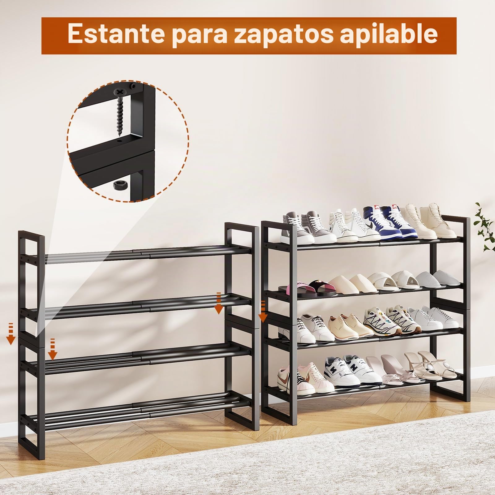 IBUYKE 2 Paquete de Zapatero Extensible, Organizador de Zapatos Ajustable de 45-83cm, Pequeño Estantería para Zapatos Apilable de Metal para Entrada Sala de Esta Armario, Negro TXJ002B-2