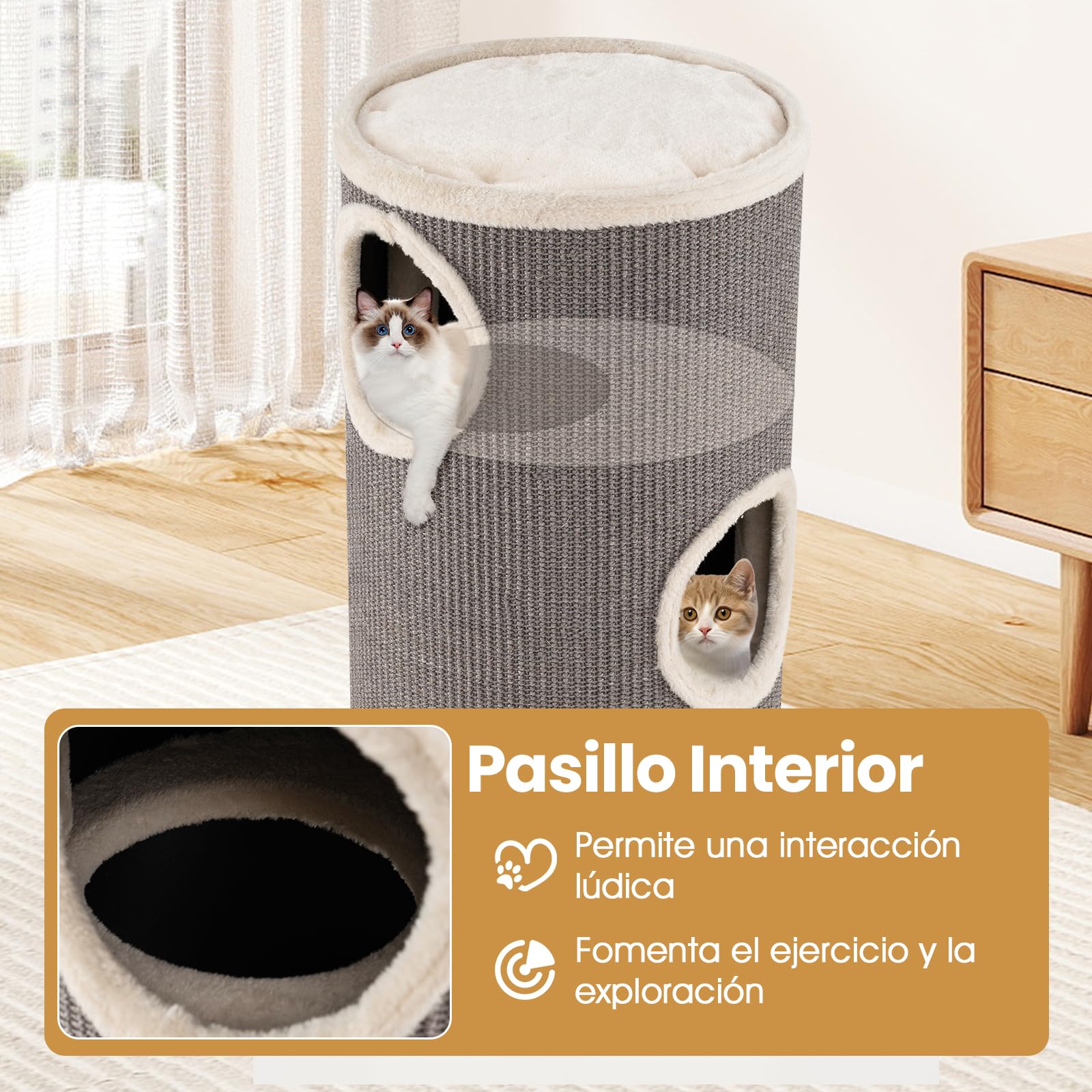 COSTWAY Barril Rascador para Gatos de 4 Niveles, 70 cm Torre Gato Rascador con Almohadilla para Rascar de Sisal, Cama Acolchada, Condominio para Gato Forma Barril, Ideal para Hogares con Varios Gatos