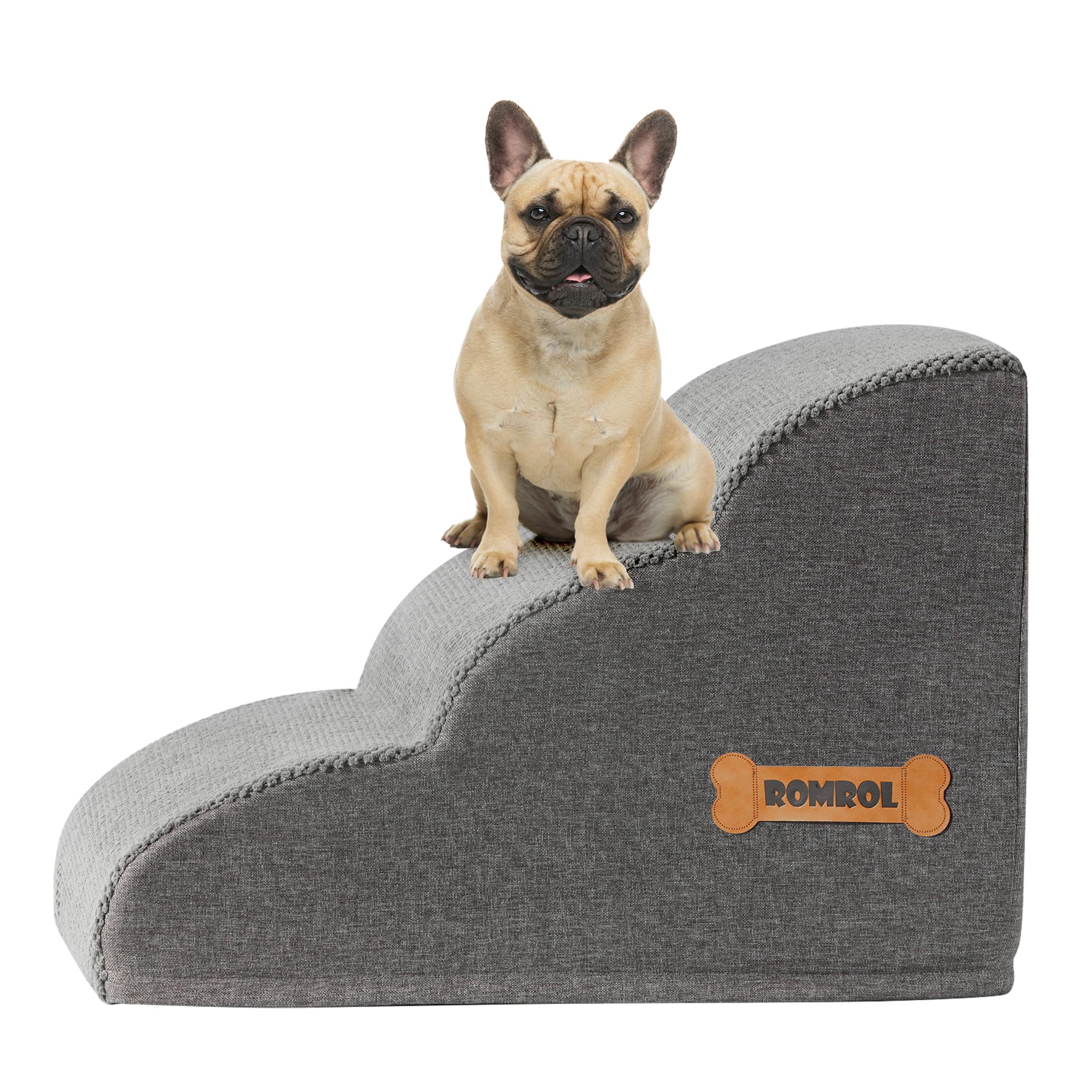 ROMROL Hundetreppe 3 Stufen – rutschfeste Haustiertreppe für kleine Hunde & Katzen – Waschbarer Bezug, Hochdichter Memory-Schaum – Weiche Einstiegshilfe für Sofa & Bett – Gelenkschonend, Grau