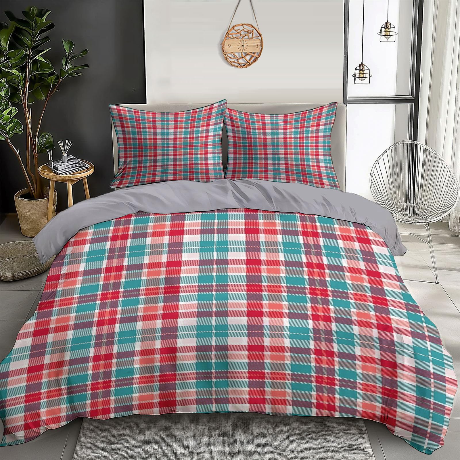 Housse de couette 200x200cm respirante anti-plis en microfibre imprimée carreaux
