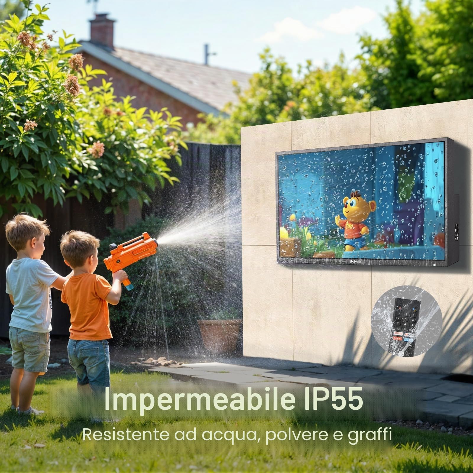 SYLVOX 75" Google TV da Esterno, QLED 4K UHD 1000Nits, IP55 Impermeabile | Outdoor TV Dolby Atmos, Tuner DVB-T2/S2/C HEVC 10, WiFi, Google Assistant, per Giardini, Terrazza (Deck Pro 2.0 QLED)