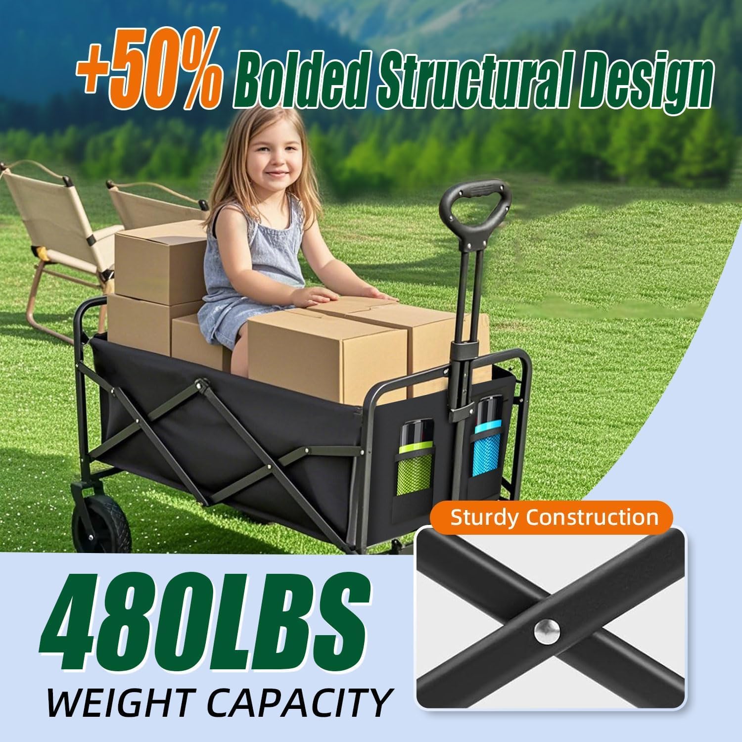Collapsible Wagon Cart Foldable 37" L 480lbs Capacity, Heavy Duty Beach Wagon, Shopping Carts with Wheels for Grocery, Camping, Shopping, Fishing, Garden Cart