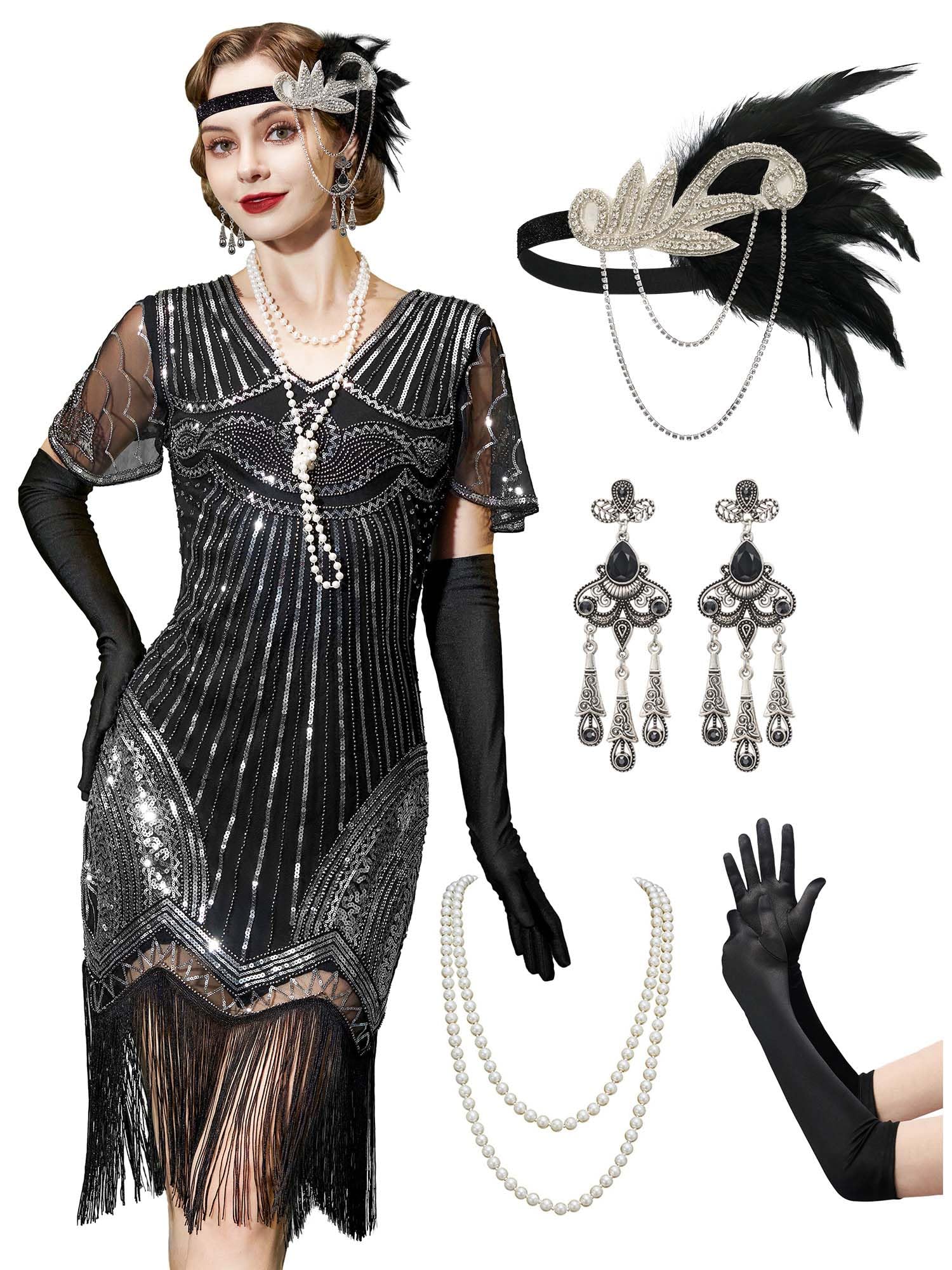 YESSA 1920s Flapper Dresses for Women,Sheer Beaded Sleeves Great Gatsby Dresses Roaring 20s Dresses Costumes with Accessories