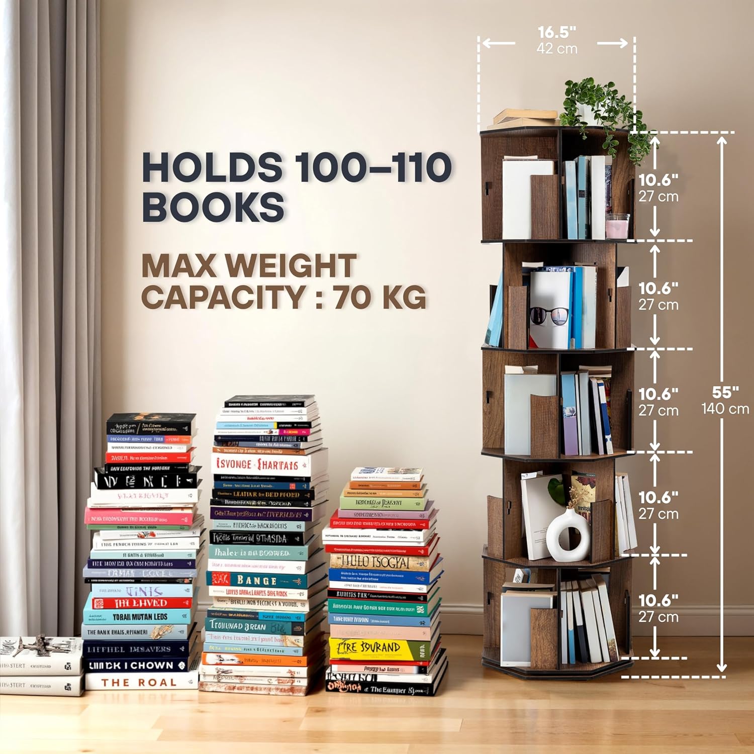 5 Tier Rotating Bookshelf Tower with Lazy Susan – Spinning Bookshelf Tower, Revolving Bookcase, Turning Book Shelf, Rotating Bookcase with 360° Rotating Shelf & Revolving Book Shelf, Walnut