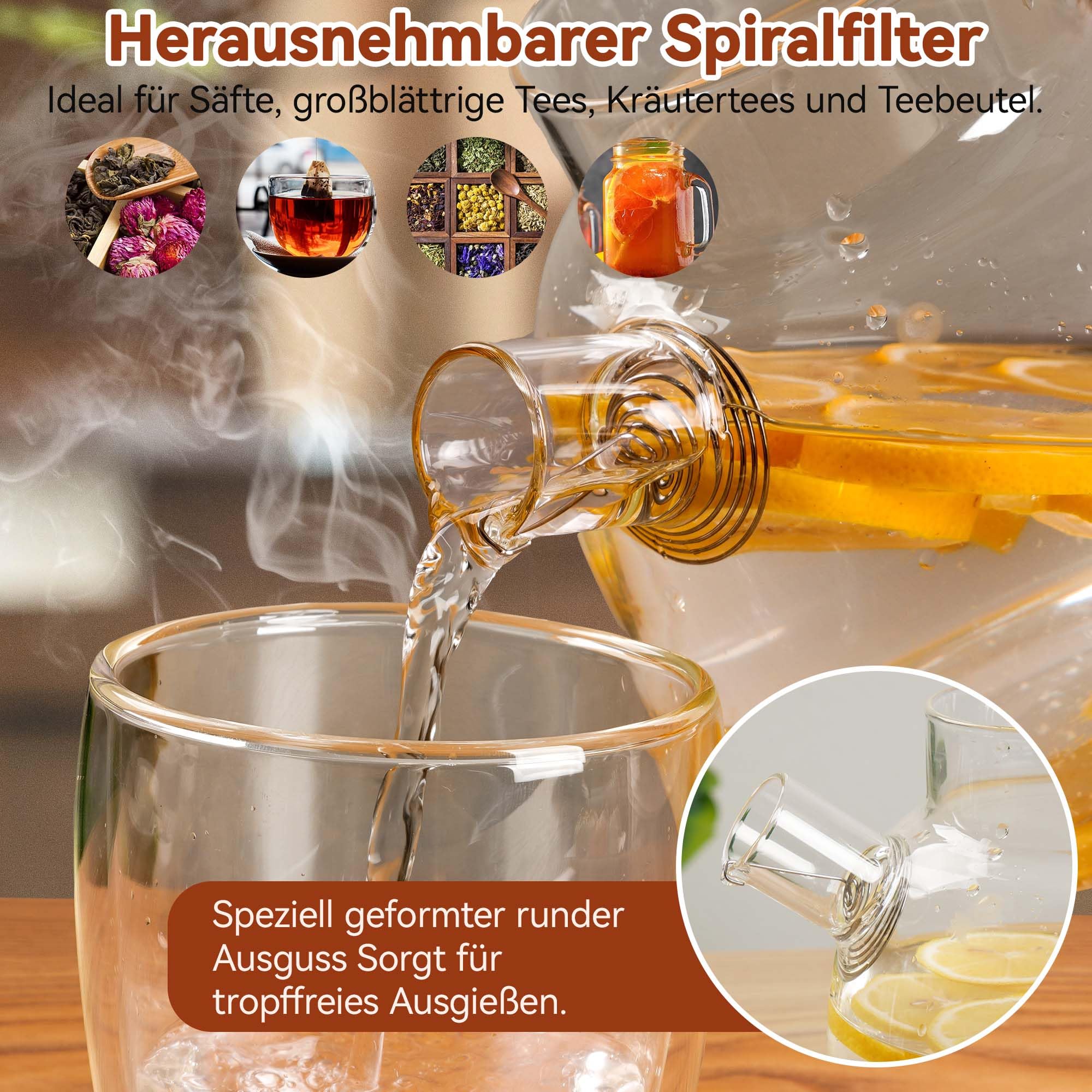 1500ml Teekanne mit Siebeinsatz, Teekanne Glas Aus Hitzebeständigem Borosilikatglas, Wasserkaraffe Geeignet Zum Aufbrühen Von Tee, Blumentee, Früchtetee, Kräutertee Und Teebeuteln, Einfache Reinigung