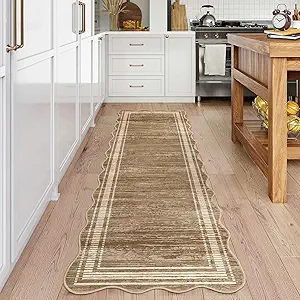 GarveeHome Washable Runner Rug 2x6 Kitchen Hallway Scalloped Rugs, Non Skid Stain-Resistant Solid Bordered Rug Soft Scalloped Entryway Carpet Runner for Bathroom Laundry Room Bedside(Brown,2x6ft)