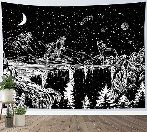 LB Tapiz de montaña con lobo, tapiz estético blanco y negro para colgar en la pared, tapiz de luna estrellada, tapiz de pared de árbol de bosque de BathStation