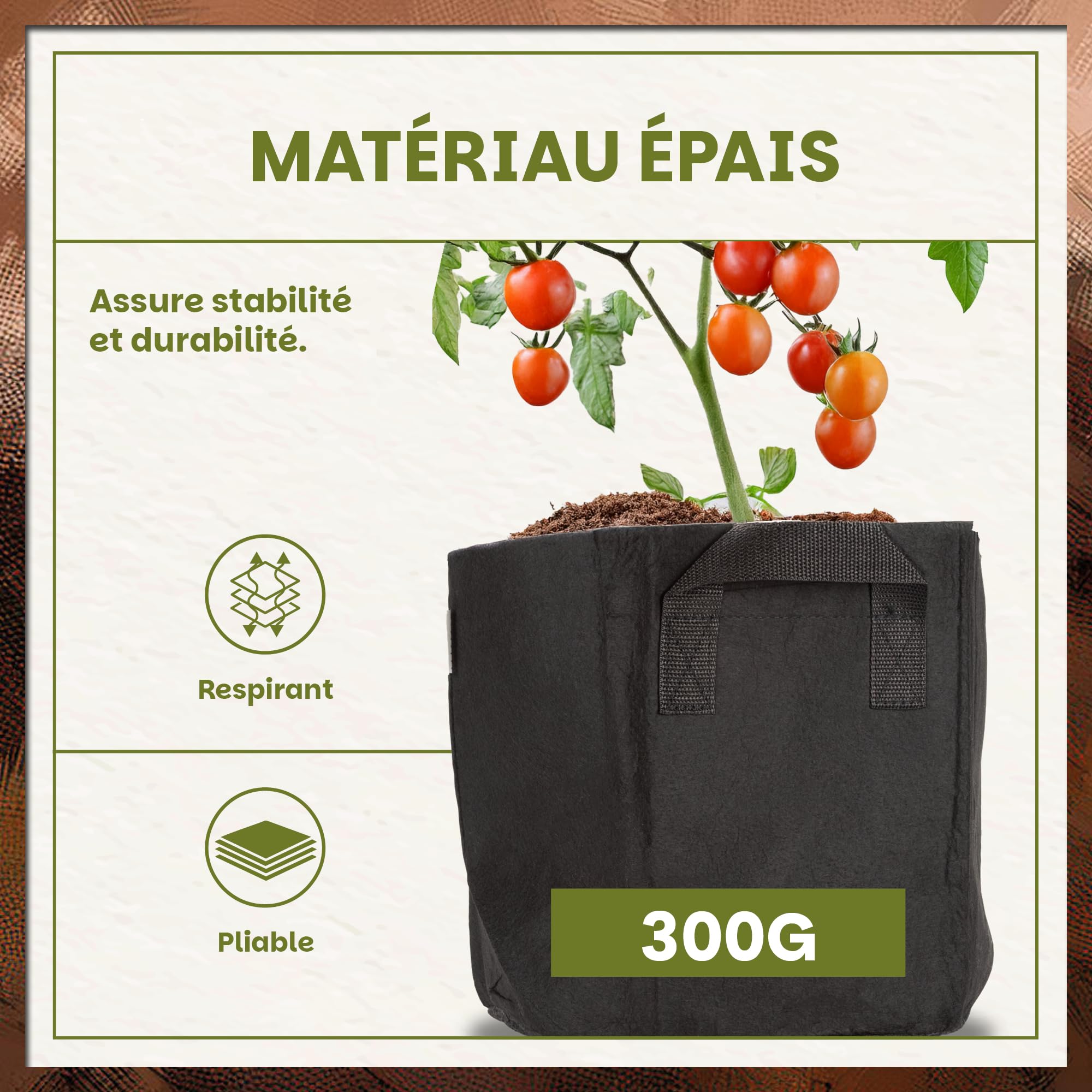 Sac de Plantation 18L – Lot de 10 Sacs de Culture en Tissu Respirant avec Poignées – Pots de Jardinage Réutilisables pour Légumes, Herbes et Fleurs – Idéal pour Balcon, Terrasse et Jardin