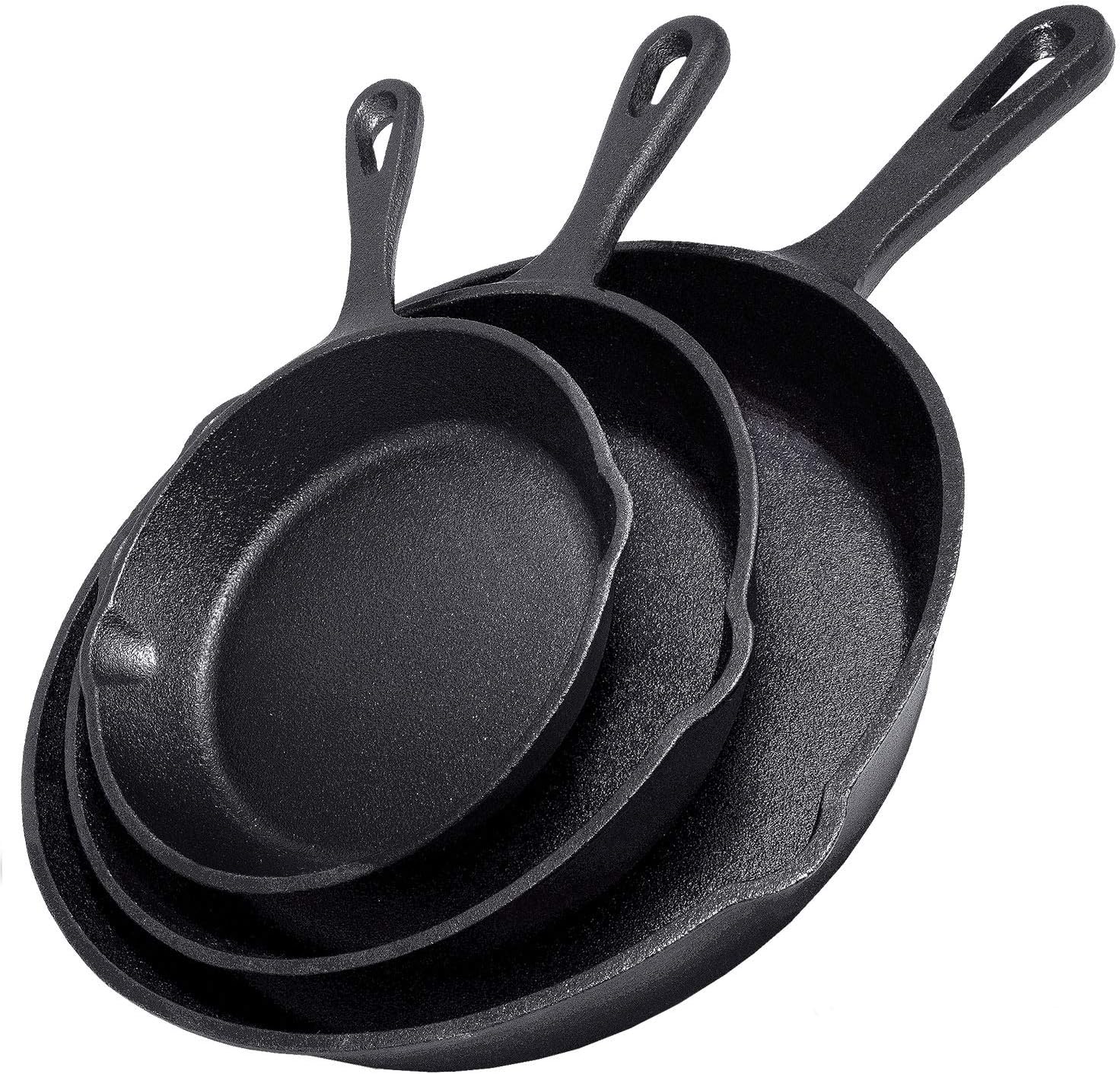 Simple Chef Cast Iron Skillet 3-Piece Set - Best Heavy-Duty Professional Restaurant Chef Quality Pre-Seasoned Pan Cookware Set - 10", 8", 6" Pans - Great For Frying, Saute, Cooking, Pizza & More,Black