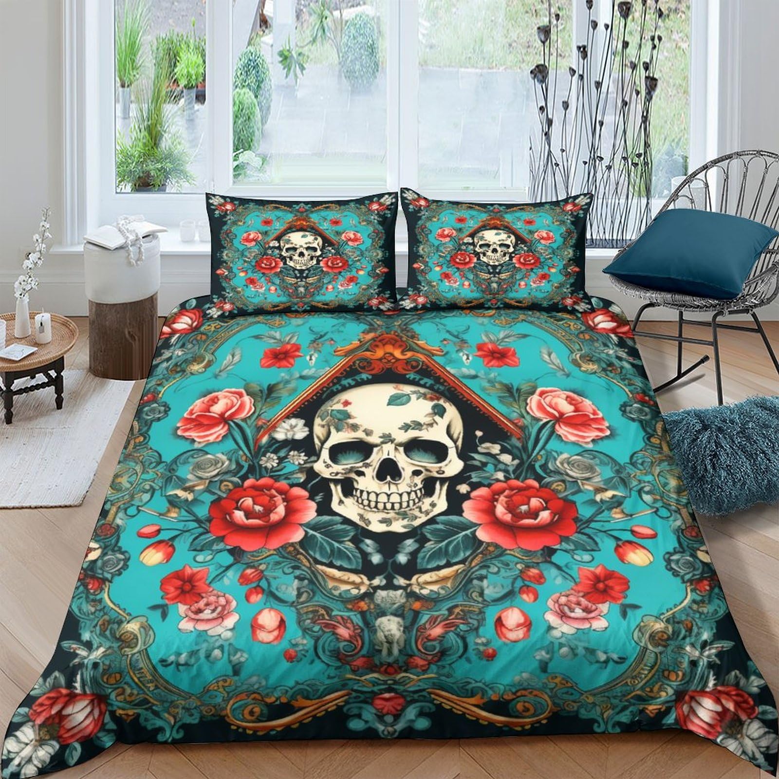 Housse de couette crâne rose 3D 200x200 parure de lit gothique 3 pièces