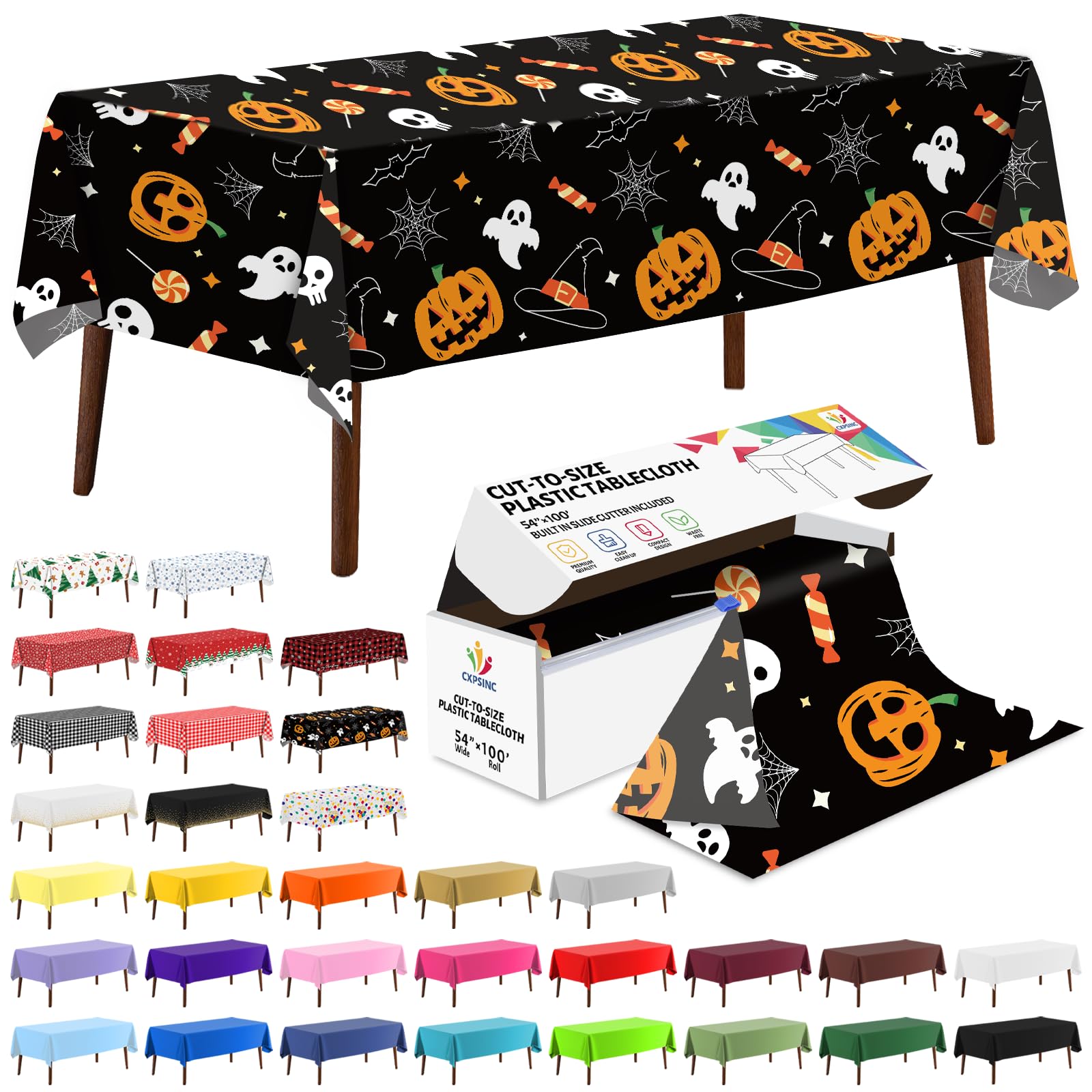 CXPSINC 54 Inch X 100 Feet Plastic Table Cover Roll Disposable Tablecloth with Slide Cutter for All Type/Shape Tables | Party, Banquet, Birthdays, Weddings(Pumpkin Ghost, 100 Feet) — image 1