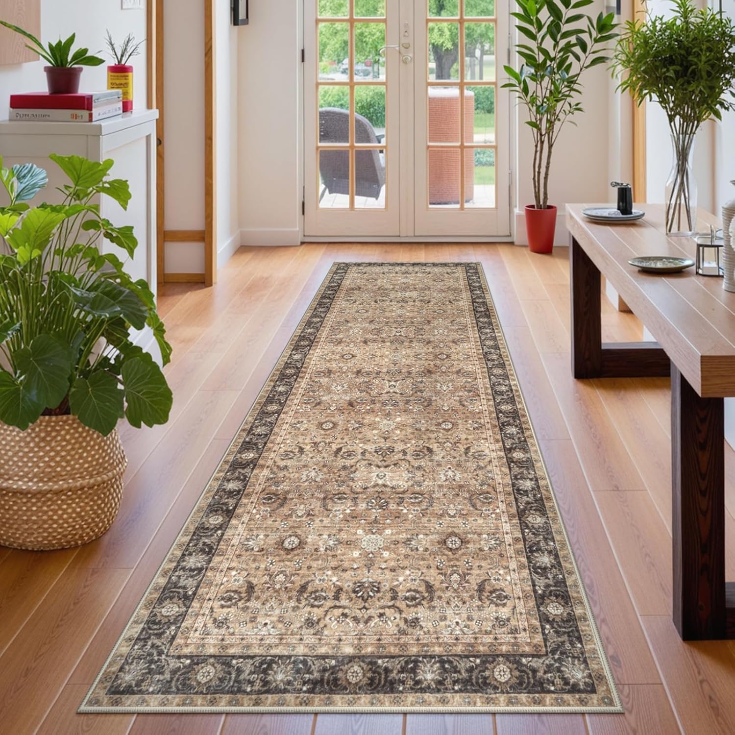 Collive Washable Hallway Runner Rugs, 2'6''x8' Long Non Slip Kitchen Runners Rug Vintage Boho Soft Beside Rug, Low Pile Entryway Carpet Runner for Laundry, Bathroom, Bedroom, Indoor Decor, Brown