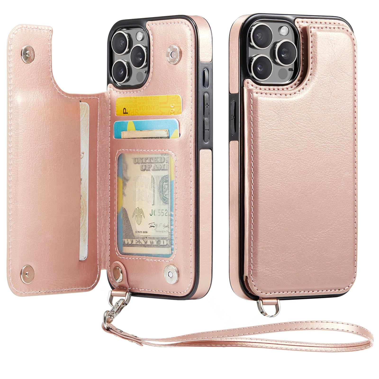 for iPhone 15 Pro Wallet Case with Card Holder, Case for iPhone 15 Pro with RFID Blocking, Kickstand Card Slots Case, Double Magnetic Clasp and Durable Shockproof Wrist Strap Cover (Rose Gold)