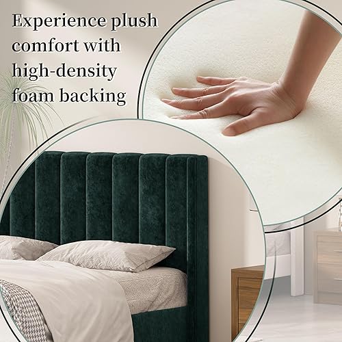 Miniatura 5 de Base de cama tapizada con cabecero y listones de madera fuertes, no necesita somier, pie de madera silencioso fácil de montar (verde tinta, Queen)