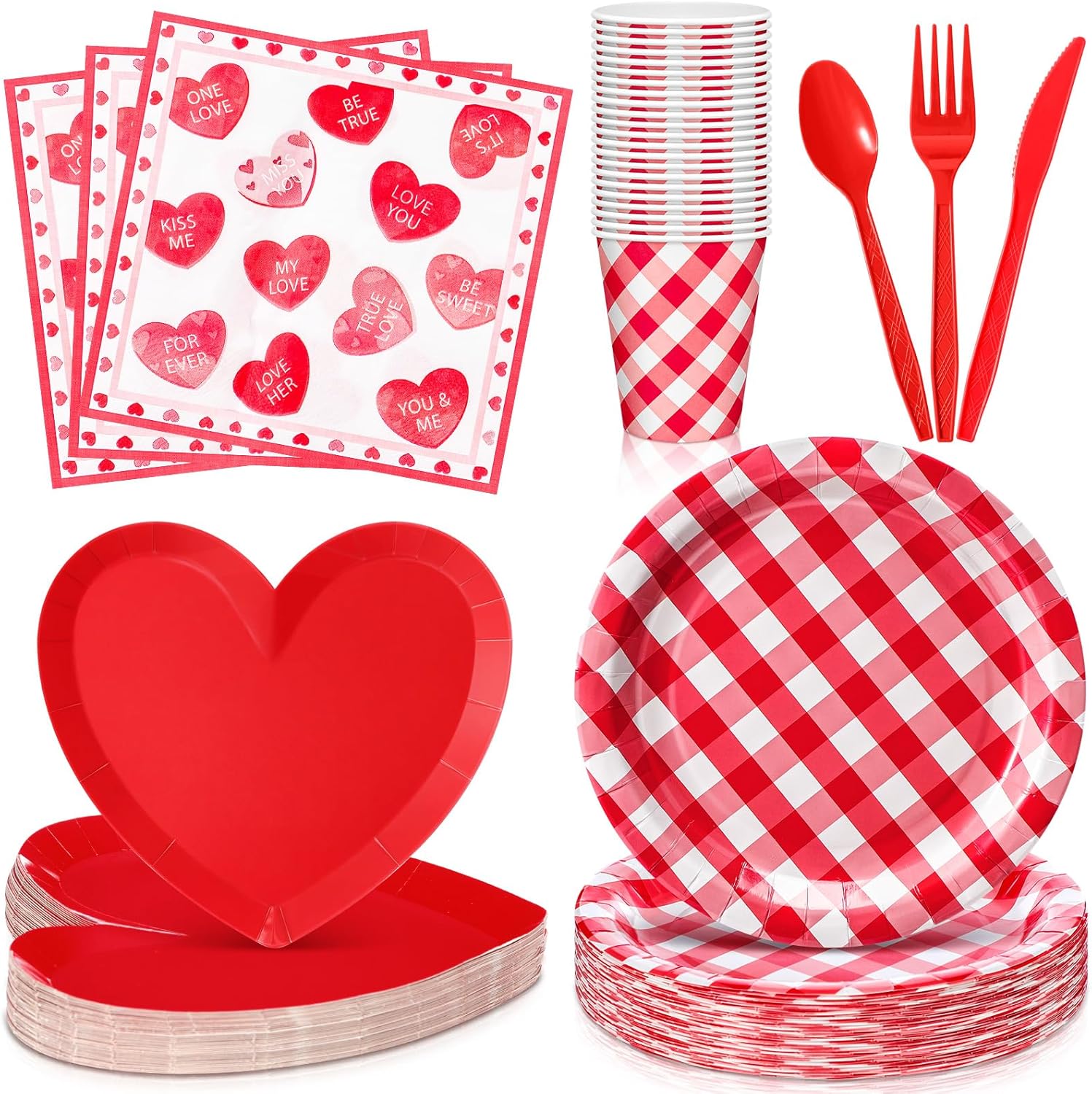 350 Pcs Valentines Party Supplies Set for 50 Guests Red Heart Paper Plates and Napkin Gingham Plates 9 oz Cups Plastic Fork Knife Spoon Disposable Tableware Decor Romantic Anniversary Wedding