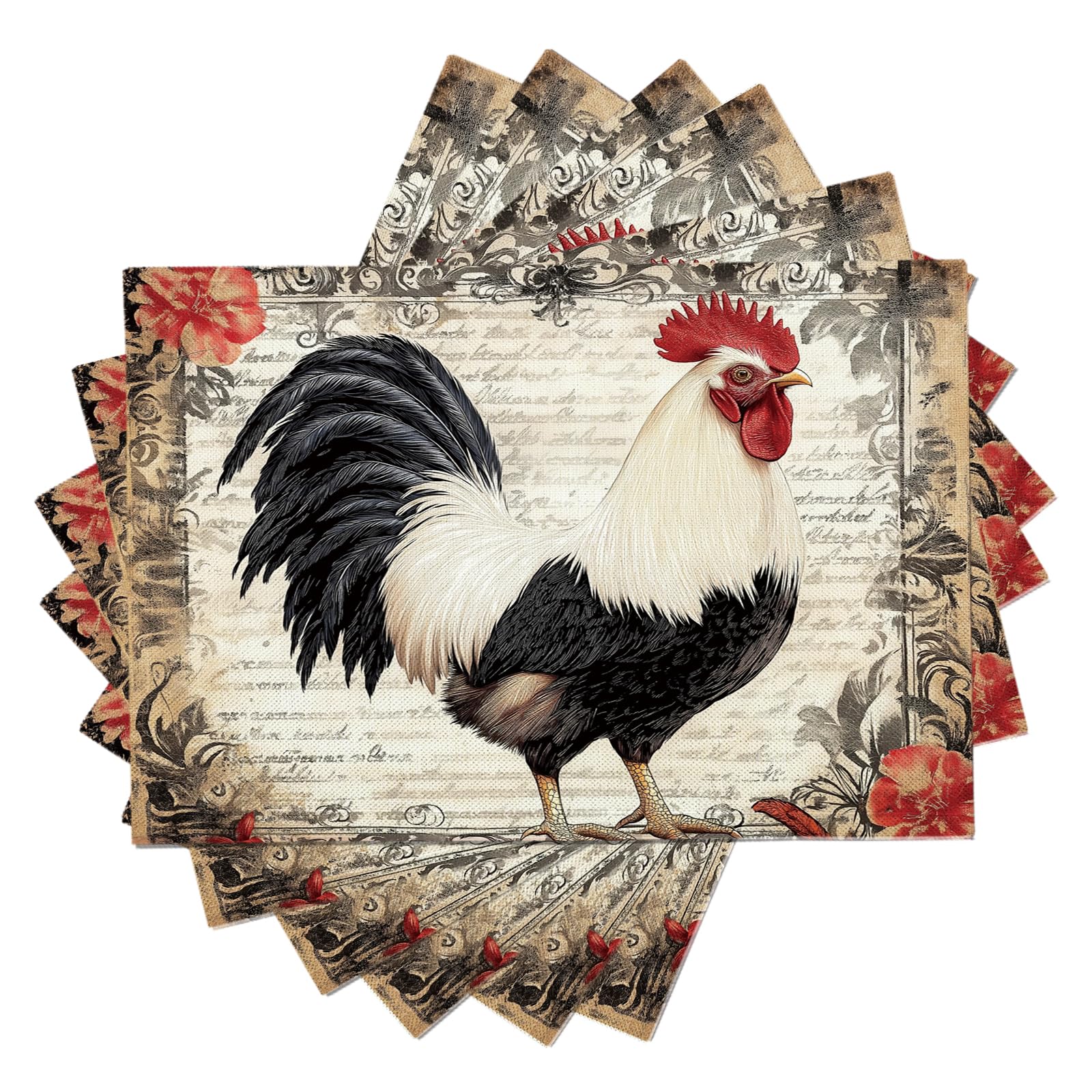 Tovaglietta Americana Animali retrò in Cotone Lino Rettangolare - Tovagliette Set di 8 Gallo di campagna Resistente al Calore per La Cucina, Il L'Ufficio, 30 x 45cm