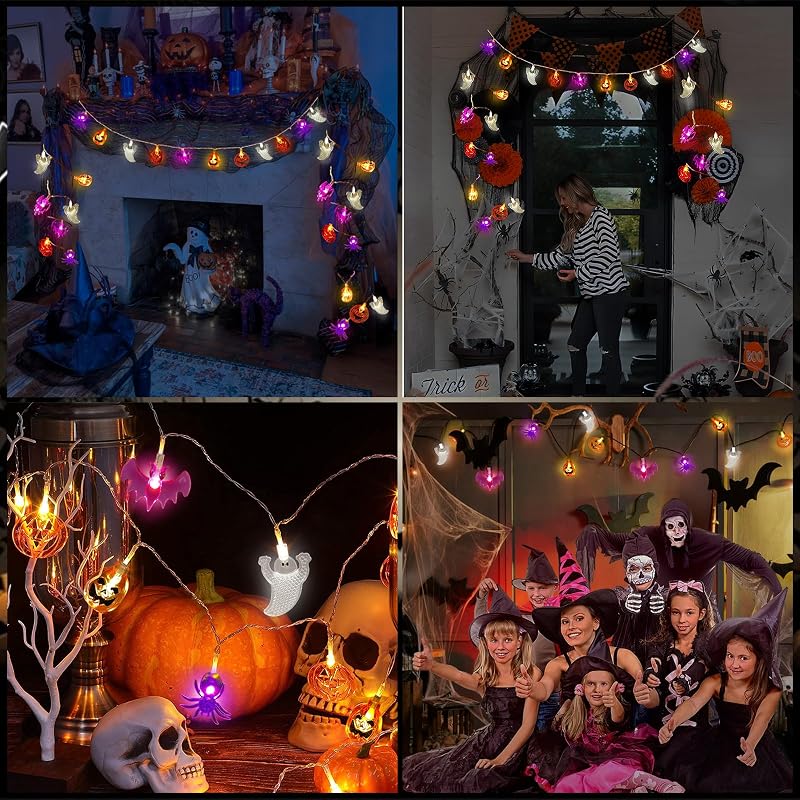 CHMMY Halloween LED Fényfüzér 20 LED-del - Tök, Szellem, Denevér Díszekkel - 2 Világítási Mód, Vízálló, Beltéri-Kültéri Dekoráció