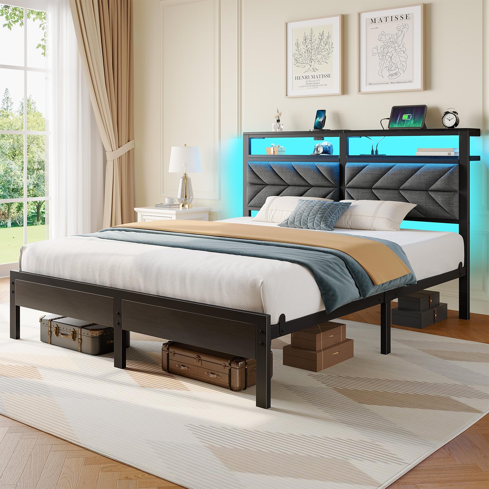 Seventable Bett 140x200 mit LED, Ladestation (2 USB-Anschlüsse & 1 Typ-C-Anschluss), Metallbett mit Gepolstertem Kopfteil & Stauraum, Doppelbett für Schlafzimmer