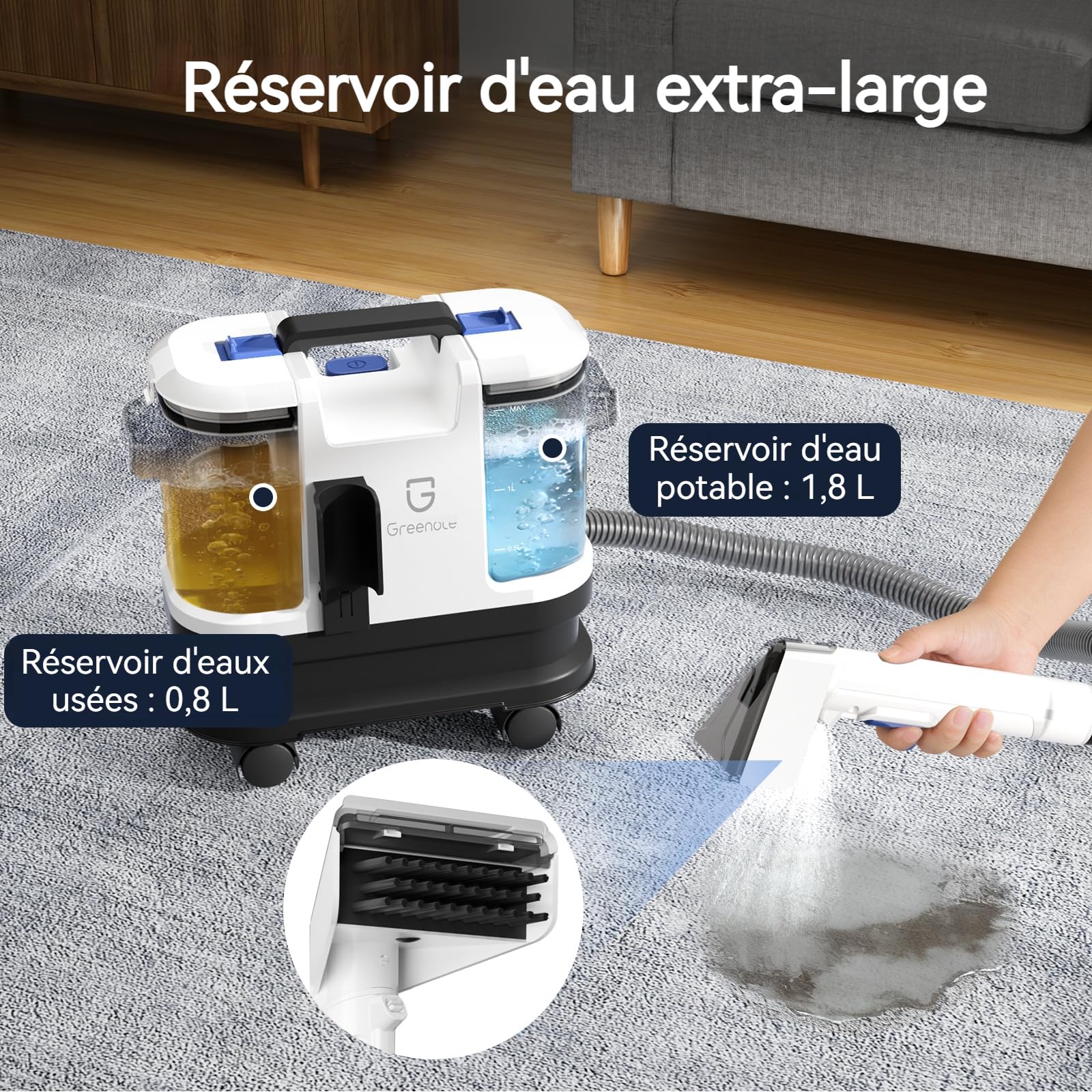 Greenote Nettoyeur de Tapis 600W, 4 Roues Pivotantes pour une Maniabilité Exceptionnelle, Rangement Compact, Réservoirs 1,8L/0,8L, Flexible 1,5m et Câble 5m,Nettoyage des canapés et des voitures