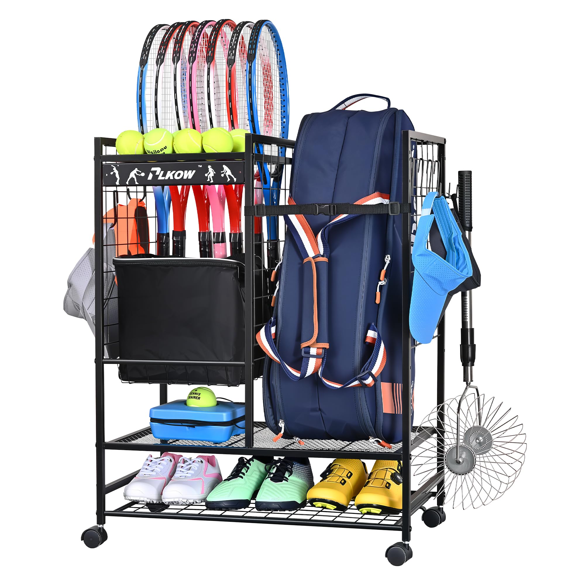 PLKOW Tennis Bag Organizer Tennis Racket Storage Rack, Tennis Equipment Holder for Bags, Balls, Racquet & Accessories, Versatile Gear Organizer for Garage, Club, or School