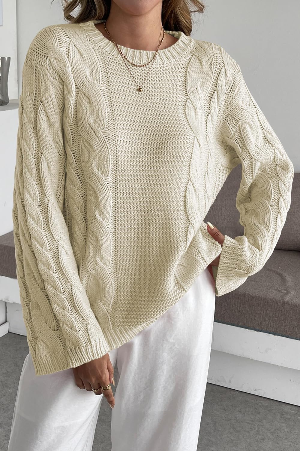 Cakulo Womens Oversized Pullover Sweaters Bell Sleeve Chunky Cable Knit Sweater Crewneck Trendy Knitted Tops 2025 - Image 4