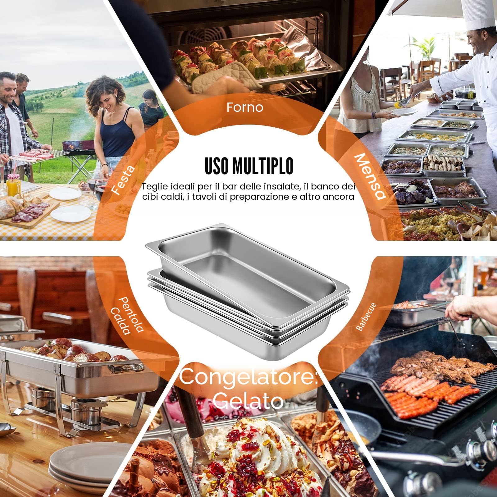 VEVOR Vassoio Rettangolare Portabile 13L Vassoio in Acciaio Inossidabile da 4 Pezzi, Piatto e Pentola al Vapore da Cucina 530x325x100mm con Coperchio, Teglia da Forno per Bar, Ristorante e Hotel