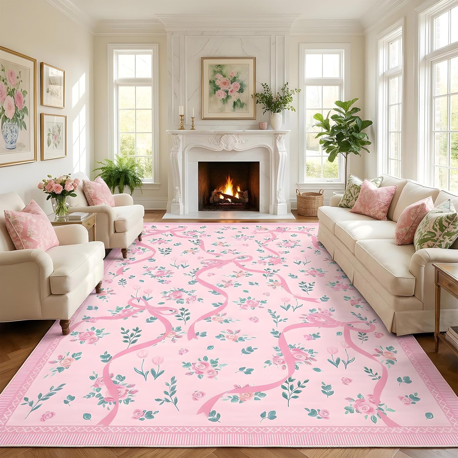 GarveeHome Coquette Pink Bow Rugs for Bedroom Girls, 5x7 Area Rugs for Living Room with Soft Low Pile, Non Slip Floral Washable Rug 5x7 for Nursery Kids Playroom Dining Room College Dorm Pink Bow Rug