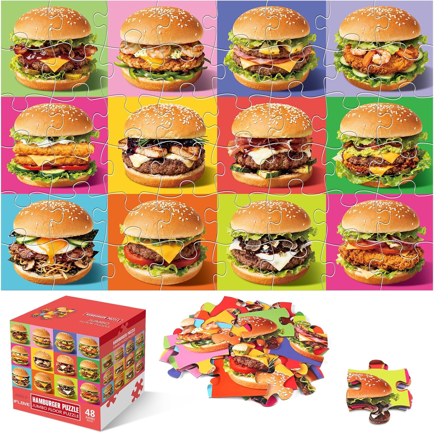Jumbo Floor Puzzle for Kids,48 Piece Hamburger Jigsaw Puzzles,Learning Educational Foods Toys for Toddlers Ages 3-5,Colorful Design Children Gift for Boy Girl Ages 4-8