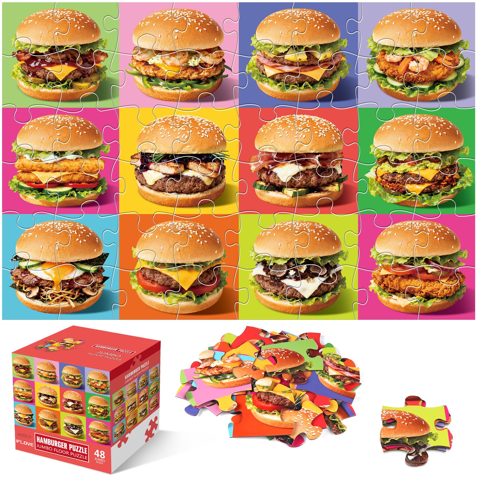 Jumbo Floor Puzzle for Kids,48 Piece Hamburger Jigsaw Puzzle Ages 3-8 | Food-themed Learning Puzzle with Colorful Hamburger,Extra-thick Cardboard,35x24 in Completed,Preschool Gift for Boys and Girl