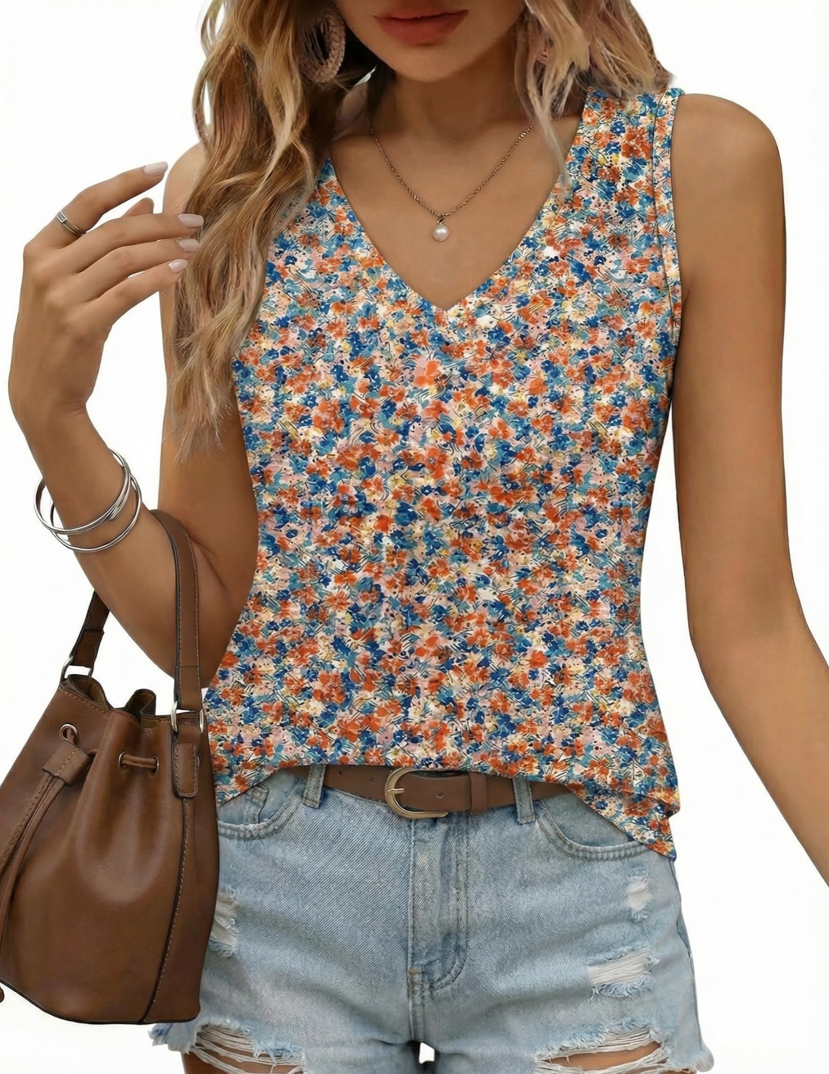 Zeagoo Camiseta de tirantes elegante para mujer, de verano, cuello en V, sin mangas, informal, de verano, con ojales, parte superior básica — view 5