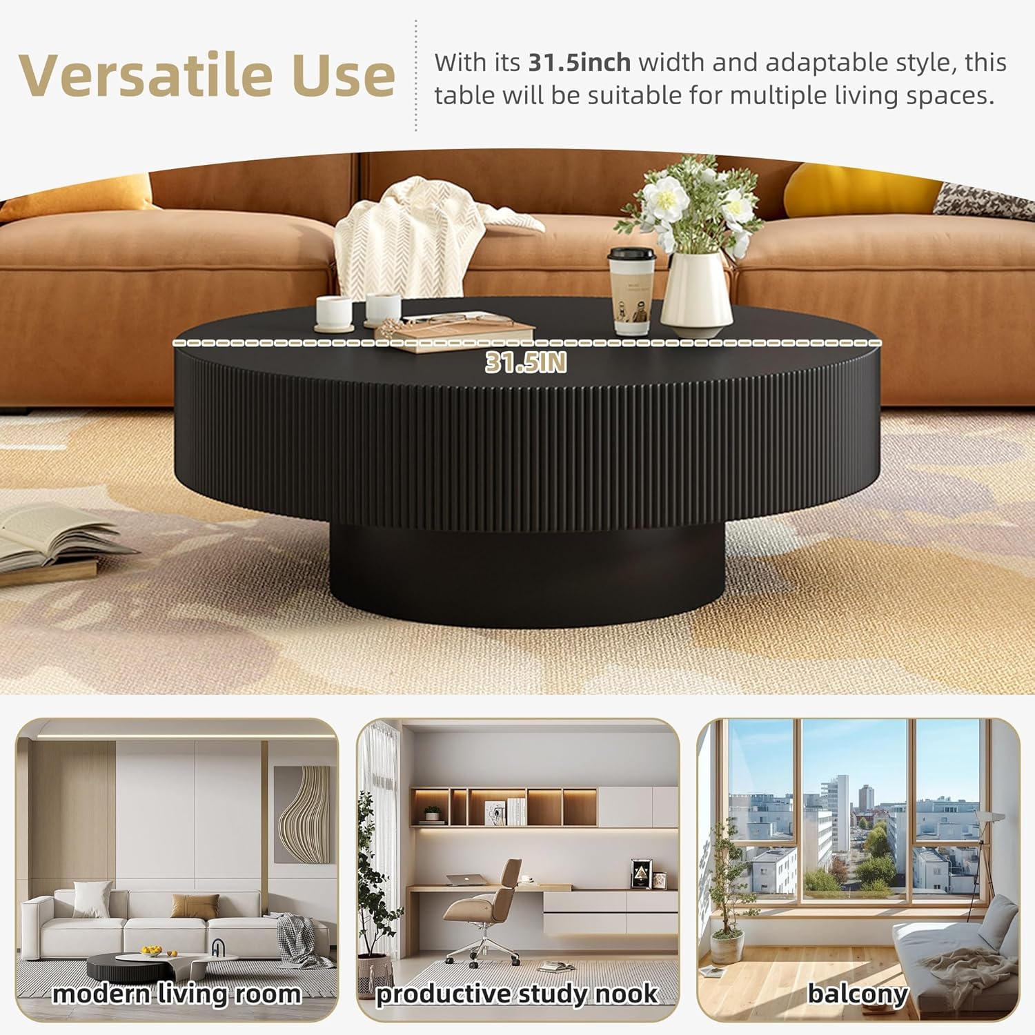 Black Round Coffee Table 31.5'' Contemporary Modern Circle Coffee Table Pedestal Center Table Wood Accent Tea Table for Living Room Apartment