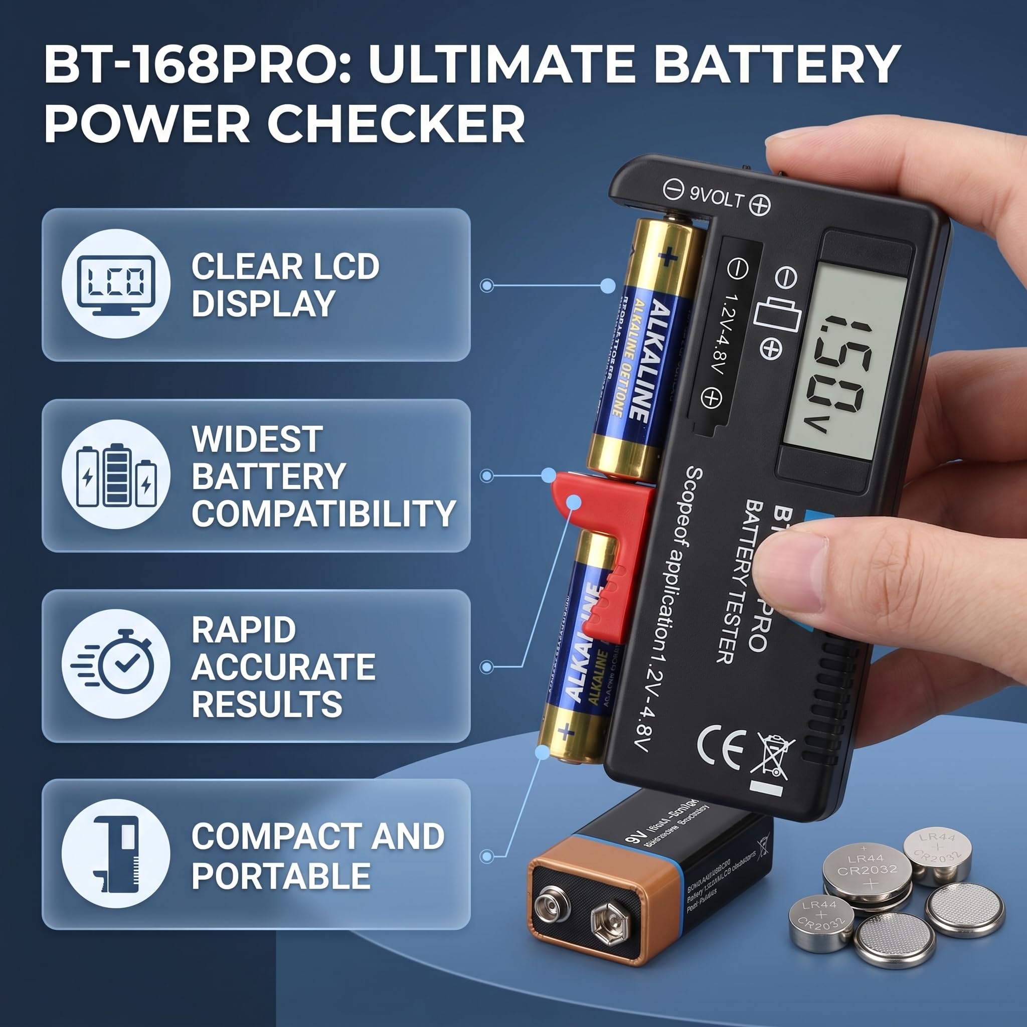BT‑168PRO Cyfrowy Tester Baterii do Baterii CR2032 LR44 L736 6F22 9 V AAA AA D C 16340 14500 10440