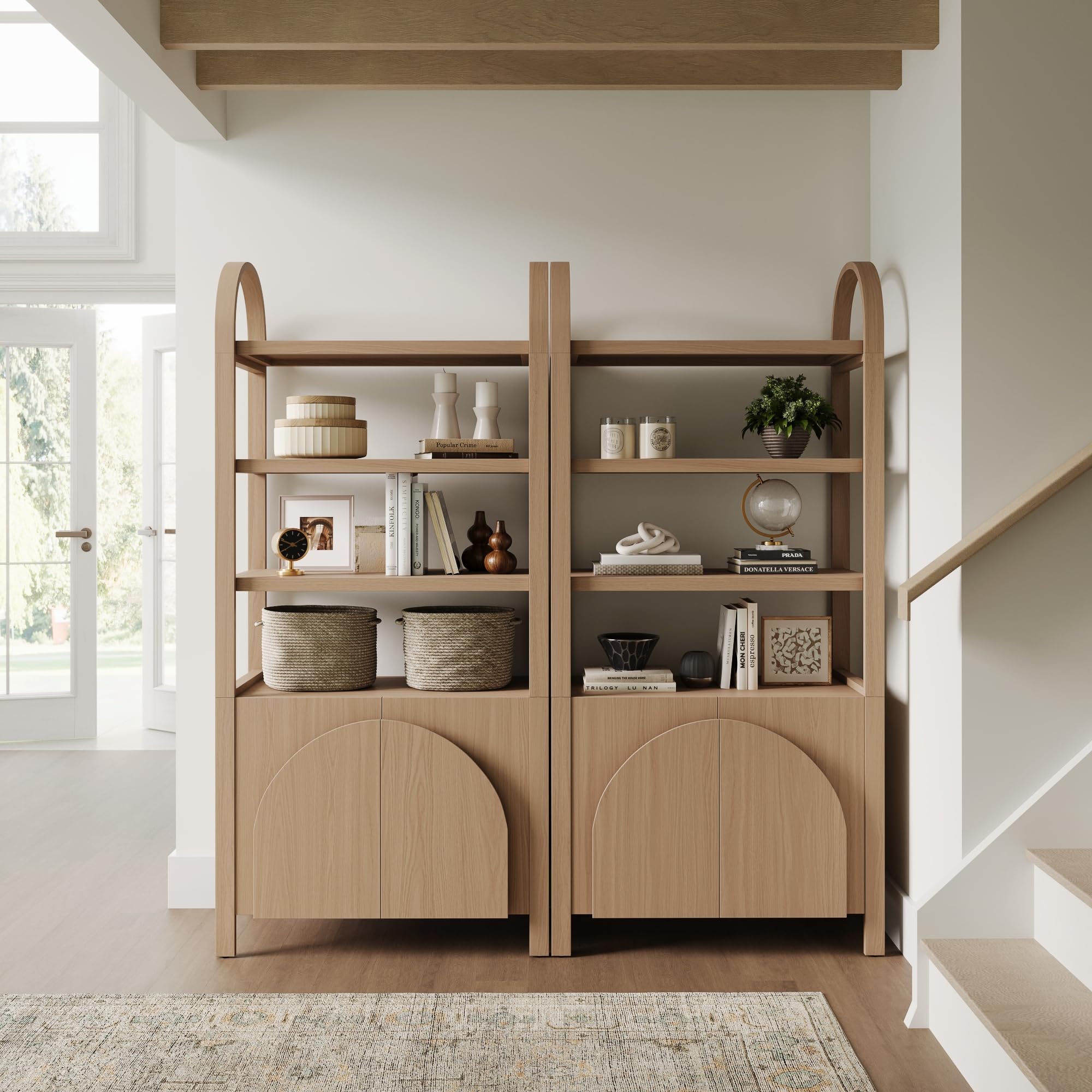 Nathan James Iris 3 Tier Bookshelf, Arched Bookcase Cabinet, Solid Wood Bookcase with Cabinet Base, Boho Bookshelf in Raw Oak Finish, Set of 2