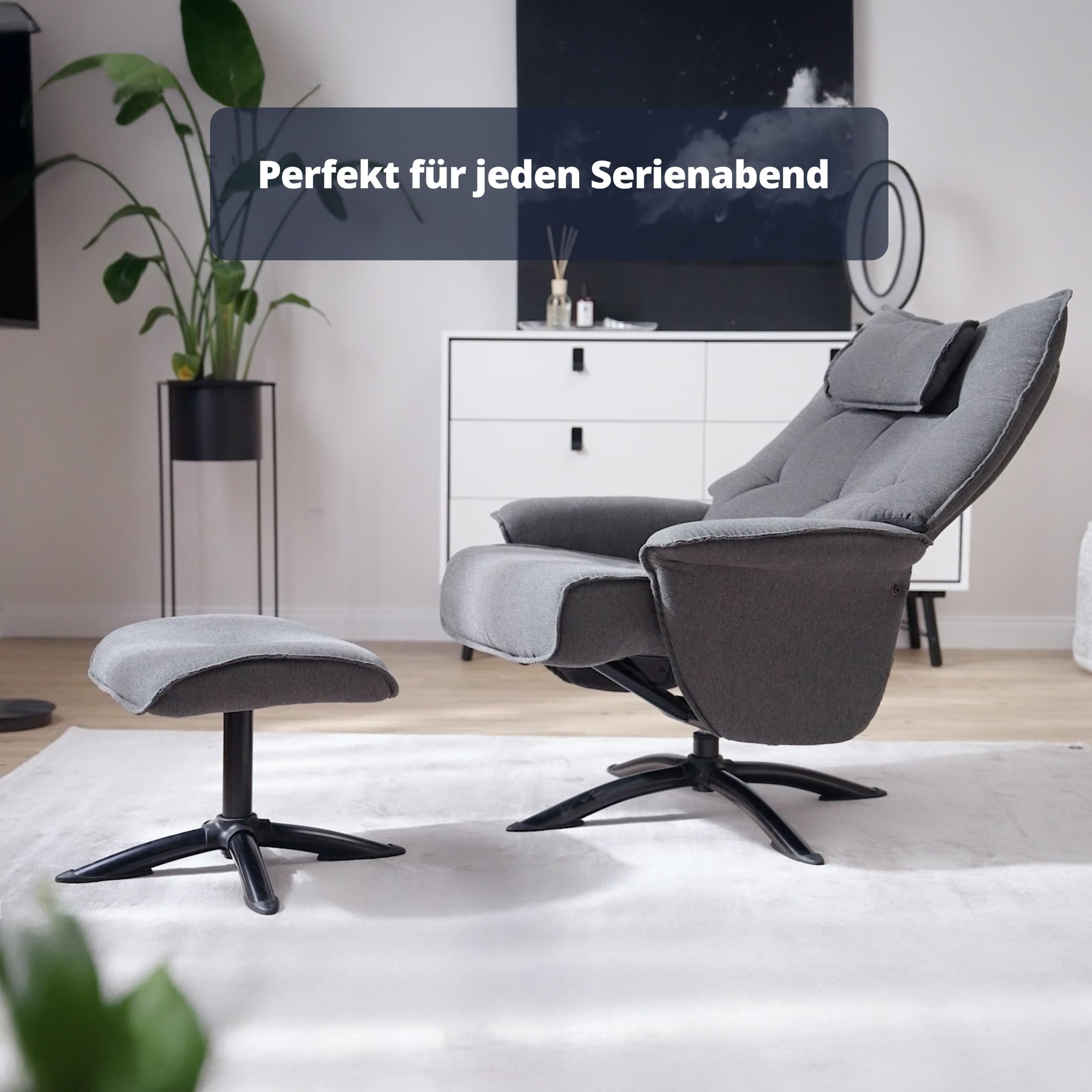 KHG Relaxsessel Grau Mikrofaser mit Hocker - hoher Rücken, weiches Nackenkissen & klappbare Lehne, Sitzhöhe ca. 47 cm, frei im Raum stellbar, Metall-Sternfußgestell, ideal für entspannte Momente
