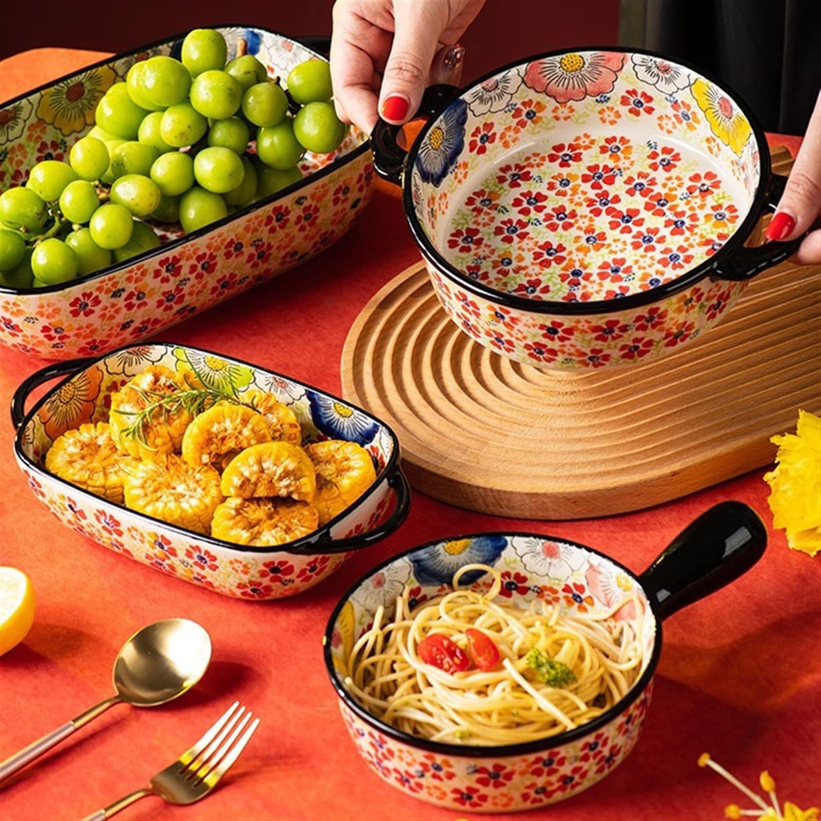 Fuentes Horno Vajilla de cerámica de gran capacidad for el hogar, tazón de fideos, tazón de sopa, ensaladera, plato Retro de doble oreja resistente a altas temperaturas for hornear Fuente Lasaña(19.6c