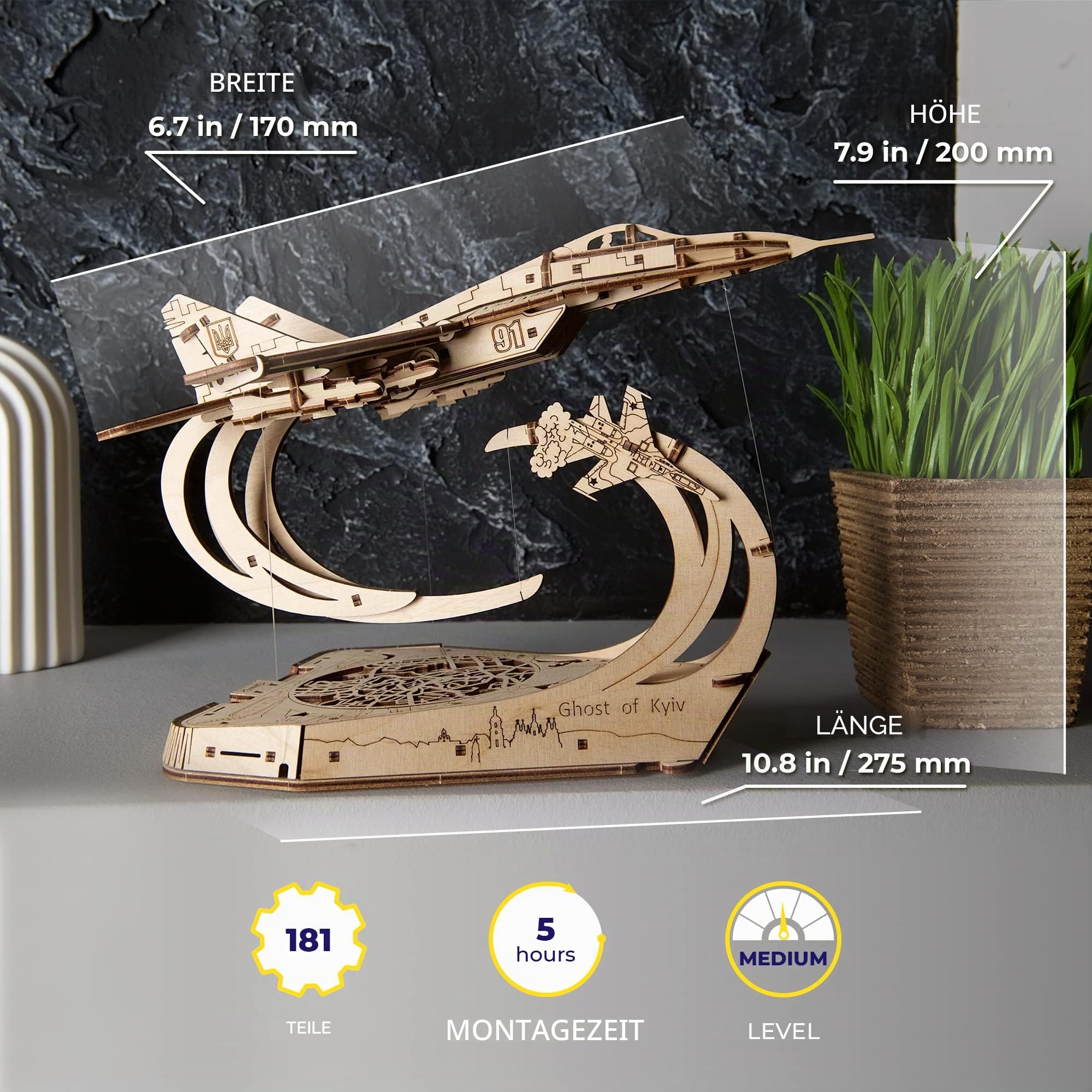 UGEARS Kampfflugzeug der Geist von Kyiv 3D Holzpuzzle Erwachsene – Flugzeug Magic Holz Modellbausatz Zum BAU von im Maßstab 1:72 Mig-29 - Mechanische 3D Puzzle für Erwachsene zum Zusammenbauen