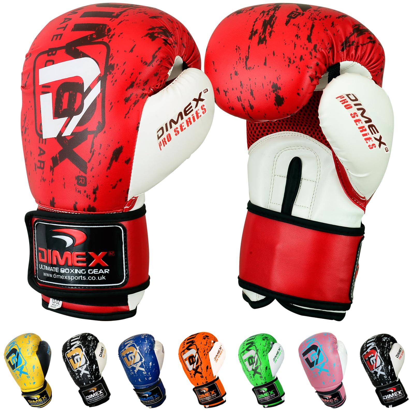 Dimex Boxing Gloves for Training & Sparring Gel Padded Rex Leather Punch Bag Gloves MMA Mitts with Hook & Loop Strap Men & Women – 10oz 12oz 14oz 16oz (Red White Black, 12oz)