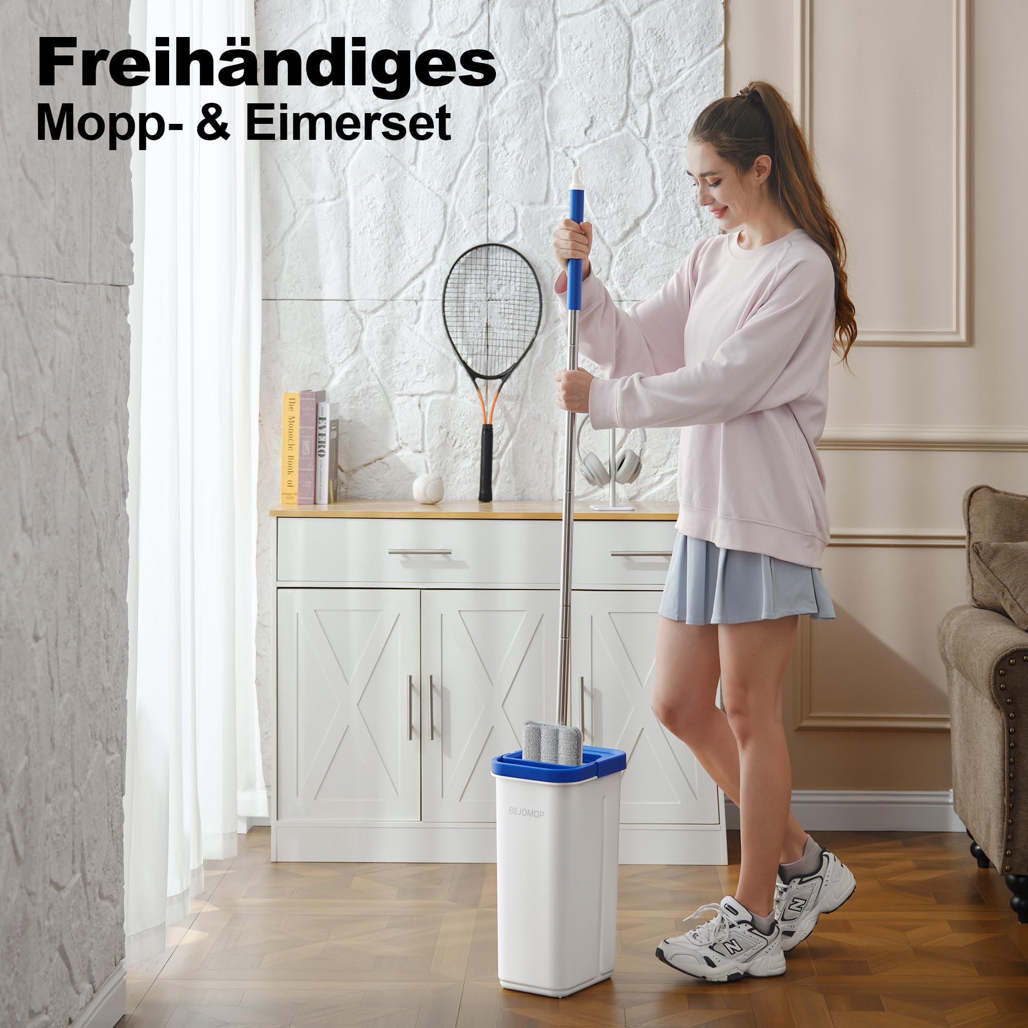 Wischmopp und Eimer Set mit Auswringer, Schieferblau Flach Squeeze Spin Wall Mop Cleaner mit langem Griff, Trocken & Nass Staubwischer für Haushalt Bodenreinigung mit 3 Mikrofaser Mops