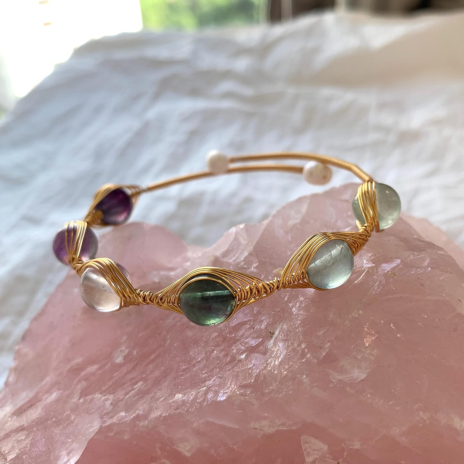 Handmade Genuine Rainbow Fluorite Stones 14k Gold Filled Wire Wrapped Bracelet, Evil Eye Birthstone Chakra Soothing Crystal Beads Adjustable Bangle Cuff Jewelry Gift for Women