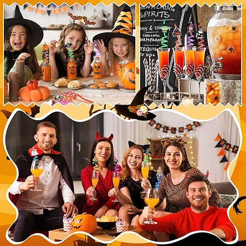 Miniatura 7 de JANYUN Pajitas de Halloween, 20 popotes de plástico reutilizables, regalos de fiesta de Halloween para niños, lindos murciélagos, calabaza, gato,