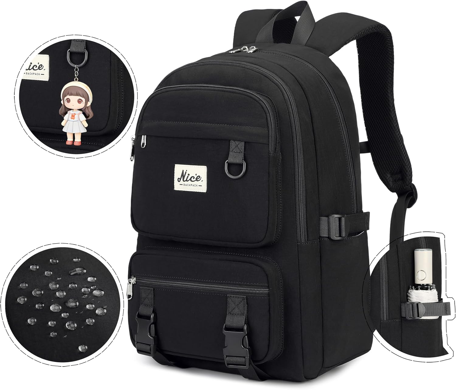 Women Laptop Backpack Solid Color Backpacks for Girl Middle High Schoolbag College Casual Bookbags Students Travel(Black) image 5