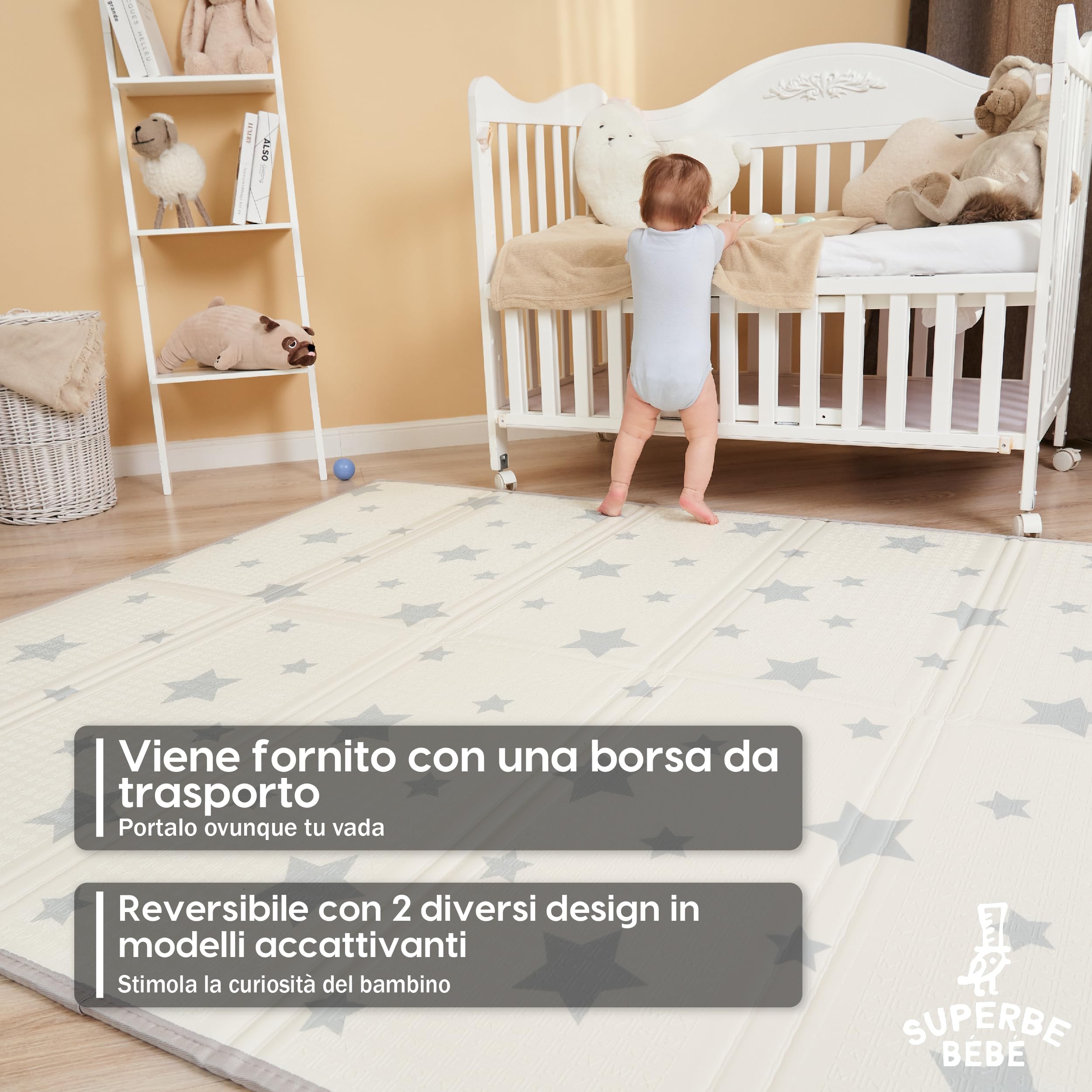 SUPERBE BEBE Tappeto Per Bambini e Neonati Reversibile e Non Tossico, Pieghevole e Impermeabile in Schiuma Per Bimbi. Per la Camera del Bambino o della Bambina. Grande Formato Regalo Bambino