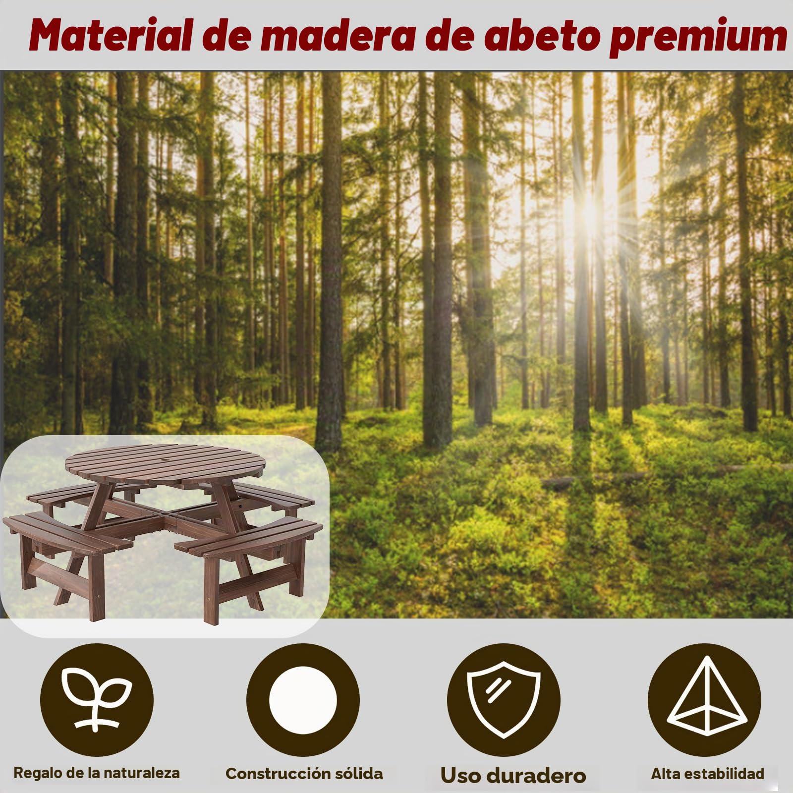 GIANTEX Mesa de Picnic con 4 Bancos para 8 Personas, Mesa de Comedor de Madera de Abeto con Agujero de Sombrilla, 179 x 179 x 70 cm, Juego de Muebles para Patio, Jardín, Terraza (Marrón)