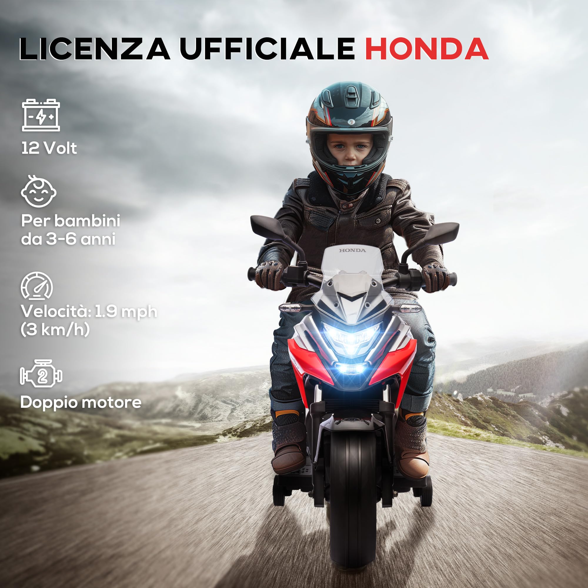 AIYAPLAY Moto Elettrica per Bambini 3-6 Anni Licenza Honda con Fari, Musica e Rotelle, 107x46x75 cm Rosso