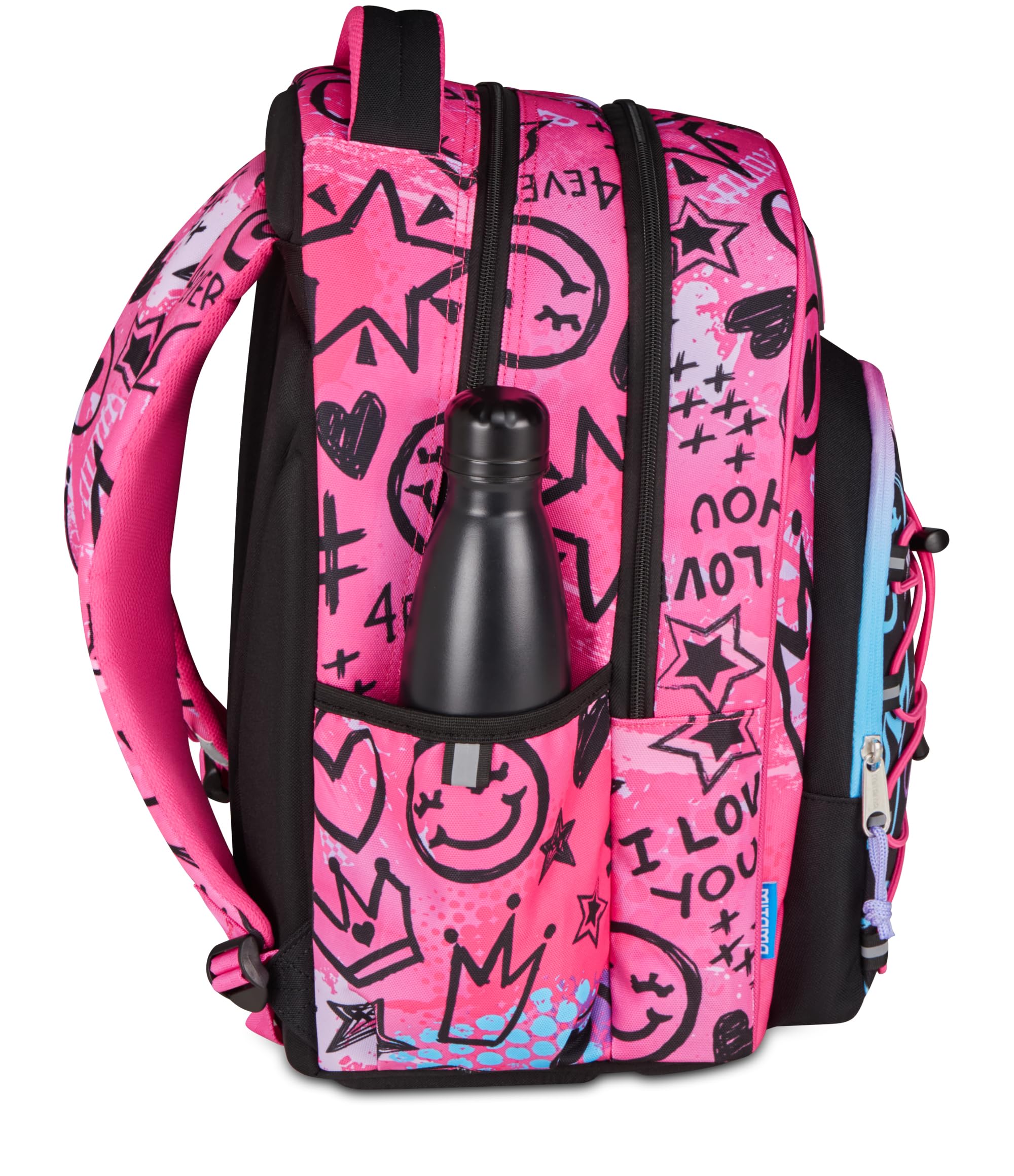 Mitama Zaino Scuola Elementare M-Power RockNLove, Triplo Scomparto, Ragazzi e Ragazze, Tasca Porta Borraccia, Schienale Imbottito, rosa