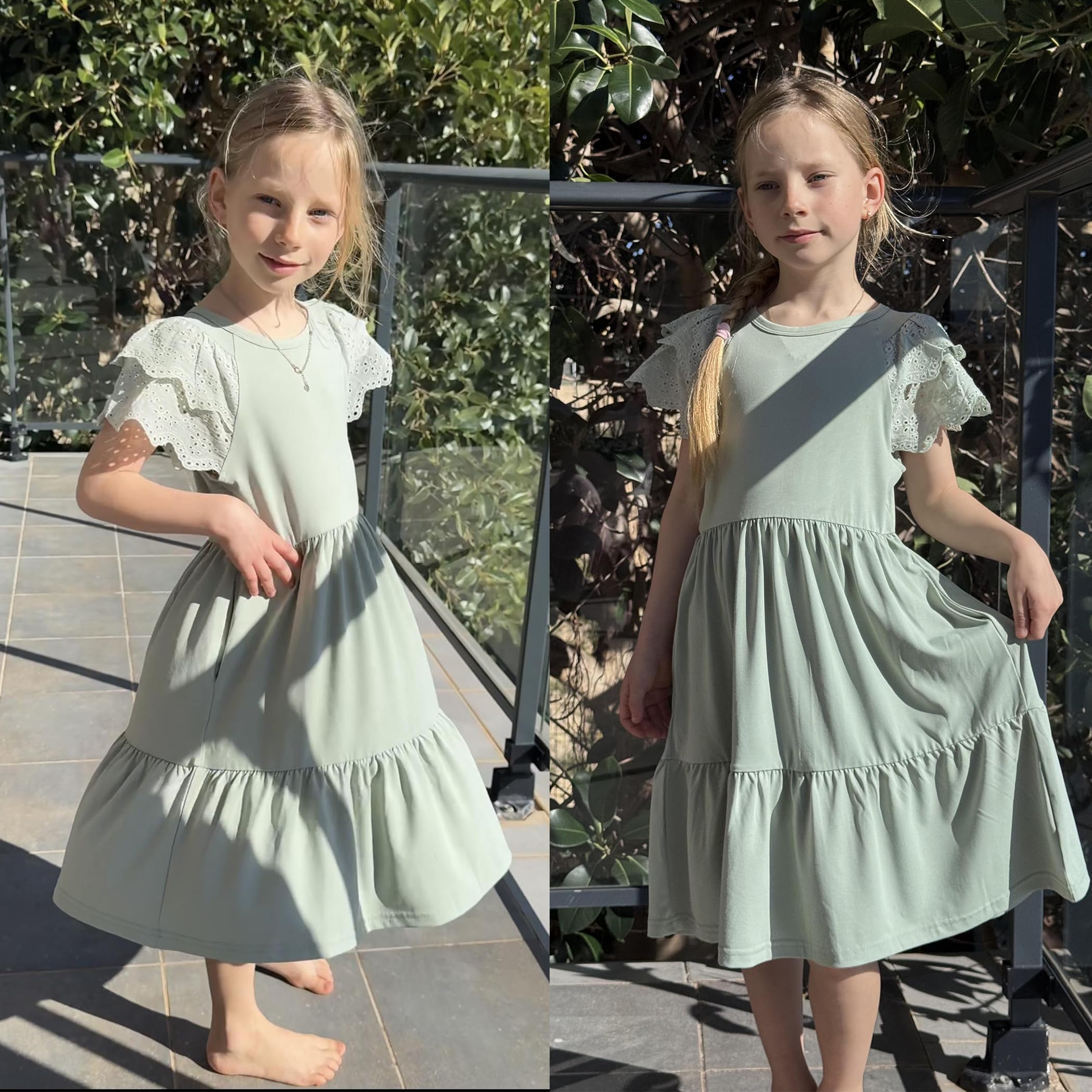 Arshiner Vestido de encaje para niñas, de manga corta, de verano, acampanado, cuello redondo, vestidos de fiesta para niños, vestido de fiesta casual, vestido de noche de color sólido con bolsillo, 6