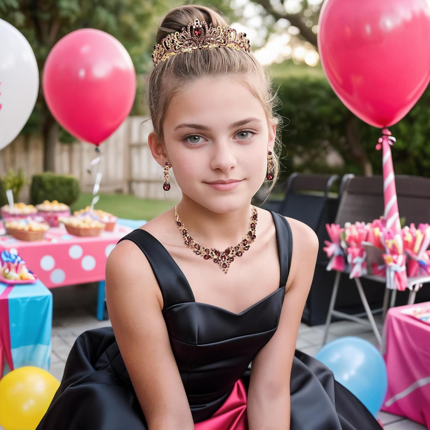 BriLove Alloy Crystal Teardrop Cluster Statement Necklace Clip-on Earrings Tiara Set - Image 2