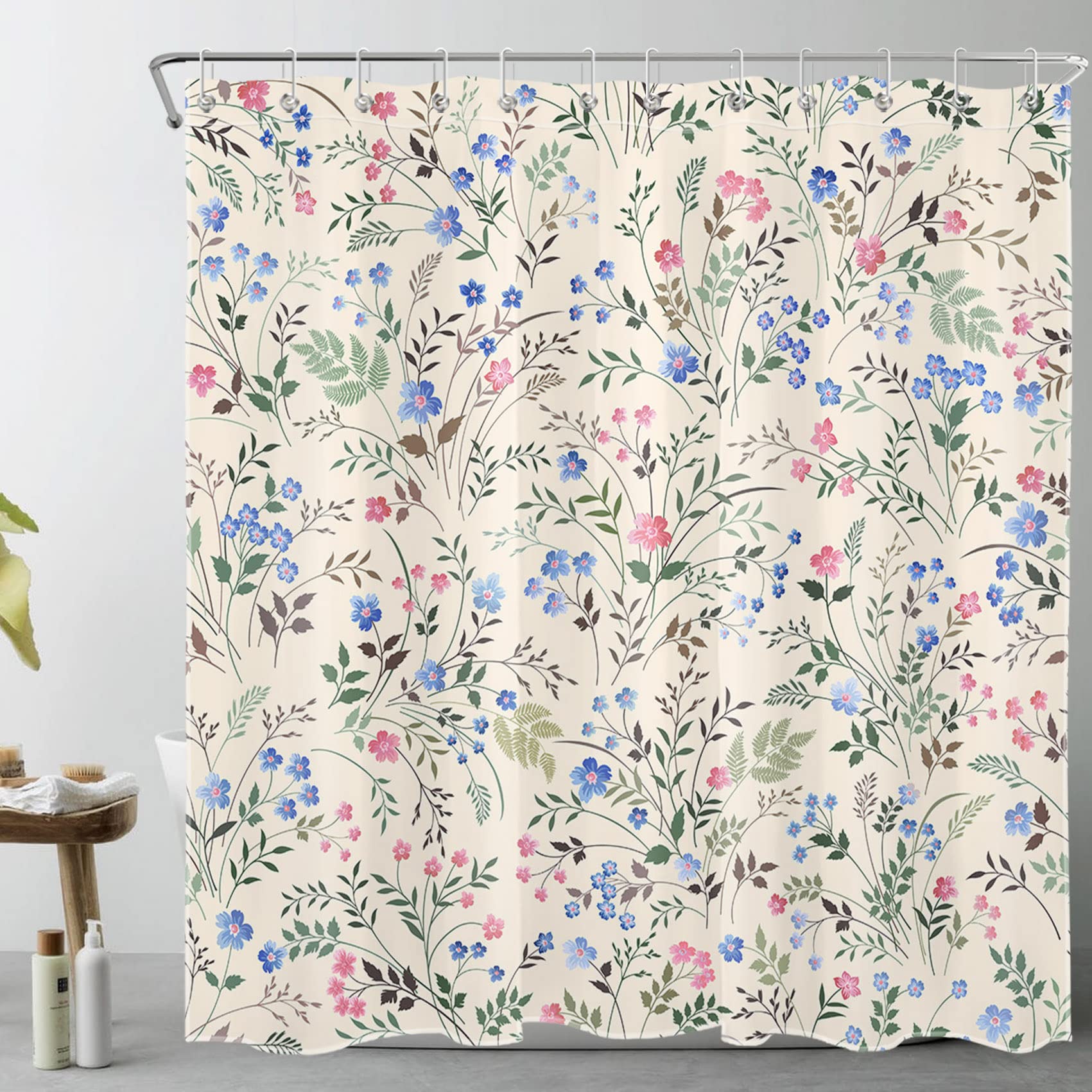 AUEEA Blue and Pink Wildflower Shower Curtain for Bathroom Green Plant with Floral Shower Curtain Aesthetic Cottagecore Botanical Beige Shower Curtain
